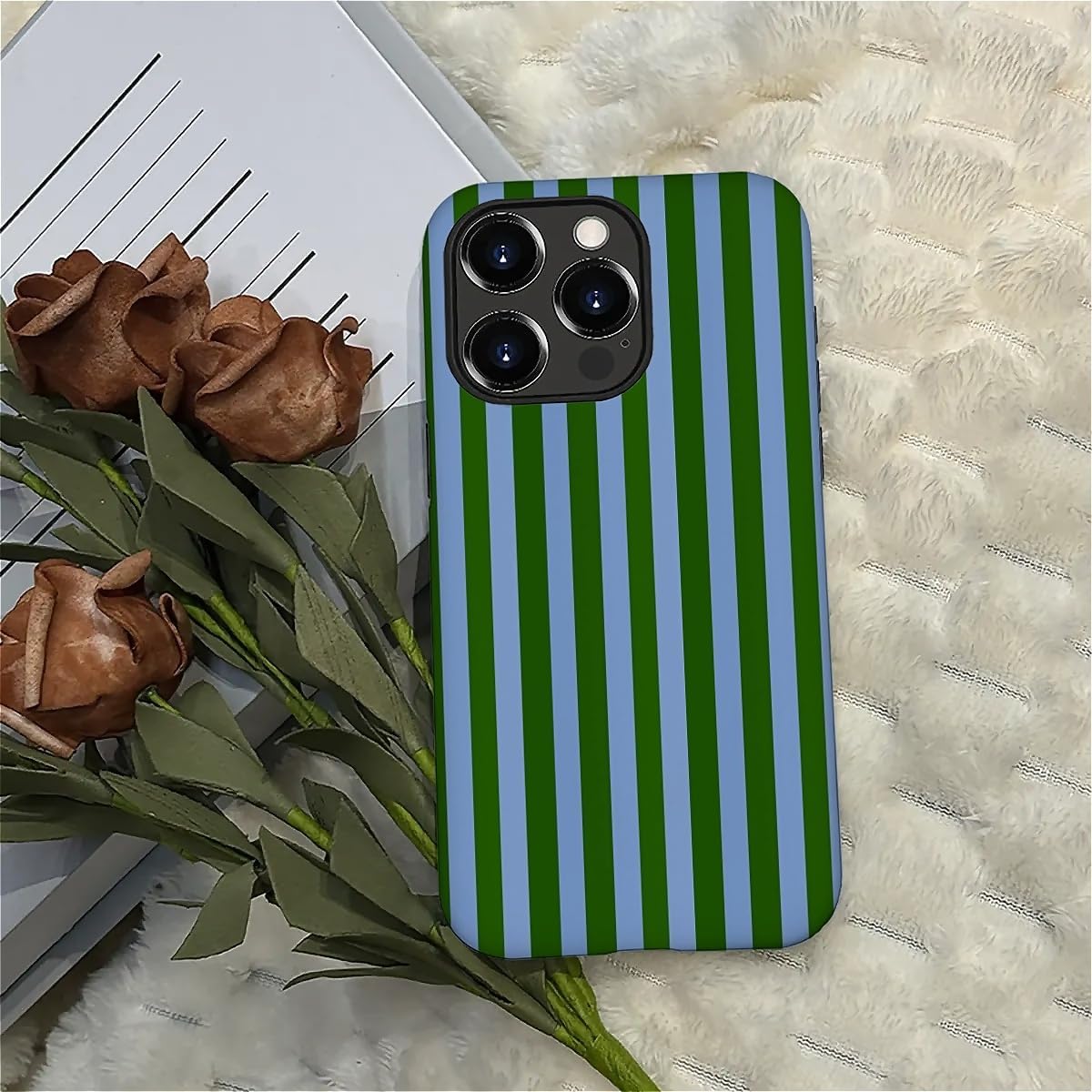 Compatible with iPhone 16 Pro Max Matte Case, Green and Blue Stripes Geometric Vertical Line Pattern for Girl Full Body Design Soft Silicone Drop Shock Scratch Protection - Image 7