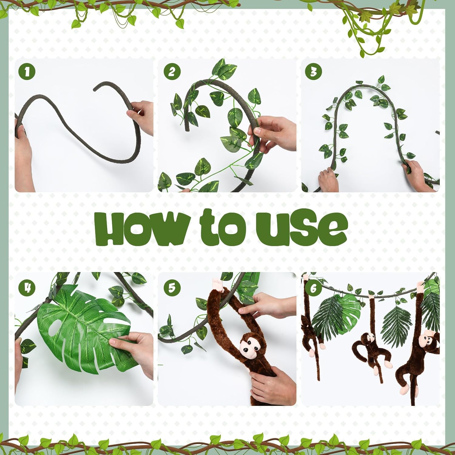 14 Pcs Jungle Party Decoration 6 Hanging Monkey Stuffed Jungle Animal Toy 1 10 ft Artificial Rattan 6 Tropical Palm Leaves 1 Fake Vine Tropical Rainforest Decor for Classroom Birthday Party