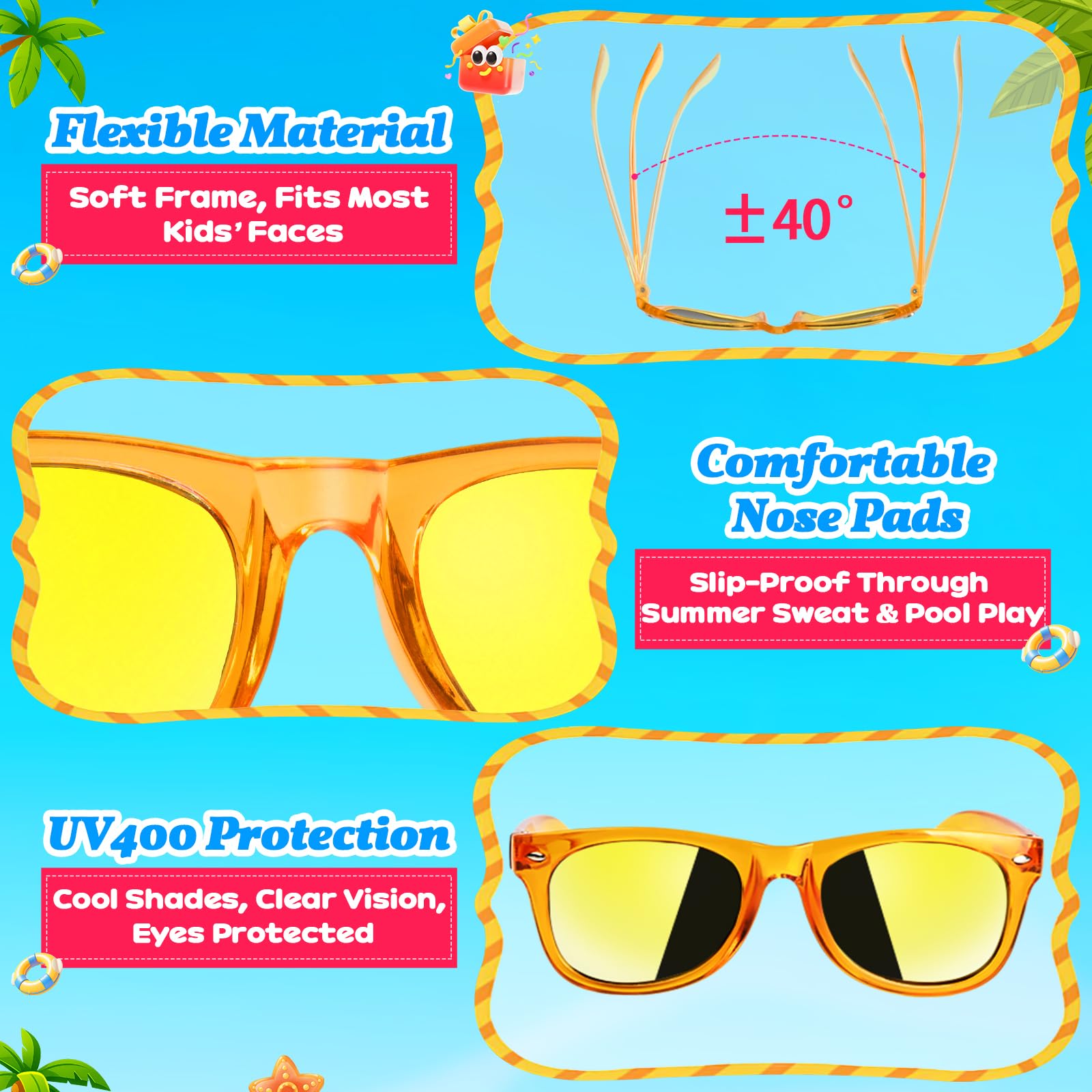 24 Stück Kinder-Sonnenbrillen, Partyzubehör, Geschenktüten für Kinder im Alter von 3–8 Jahren, Neonbrillen für Jungen und Mädchen, mit UV400-Schutz, Geburtstag, Klassenzimmer