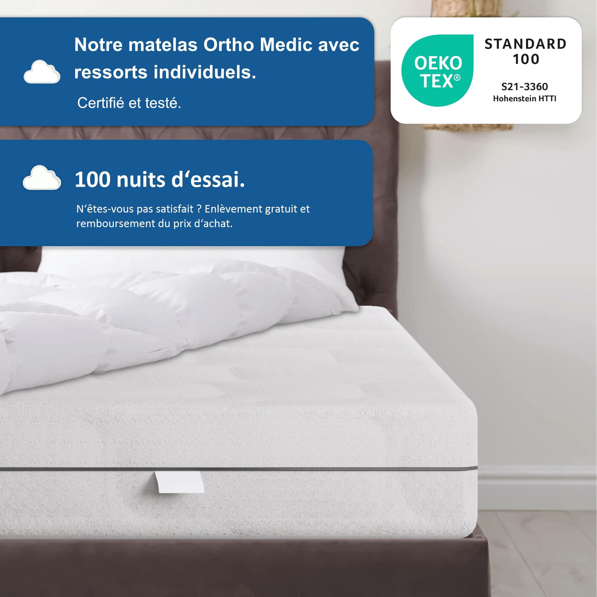BMM Matelas 140 x 190 cm Ortho Medic avec Noyau à Ressorts ensachés Niveau de fermeté H4/certifié Öko-Tex/Matelas Ergonomique à 7 Zones Hauteur 21 cm/Matelas de Conception Allemande