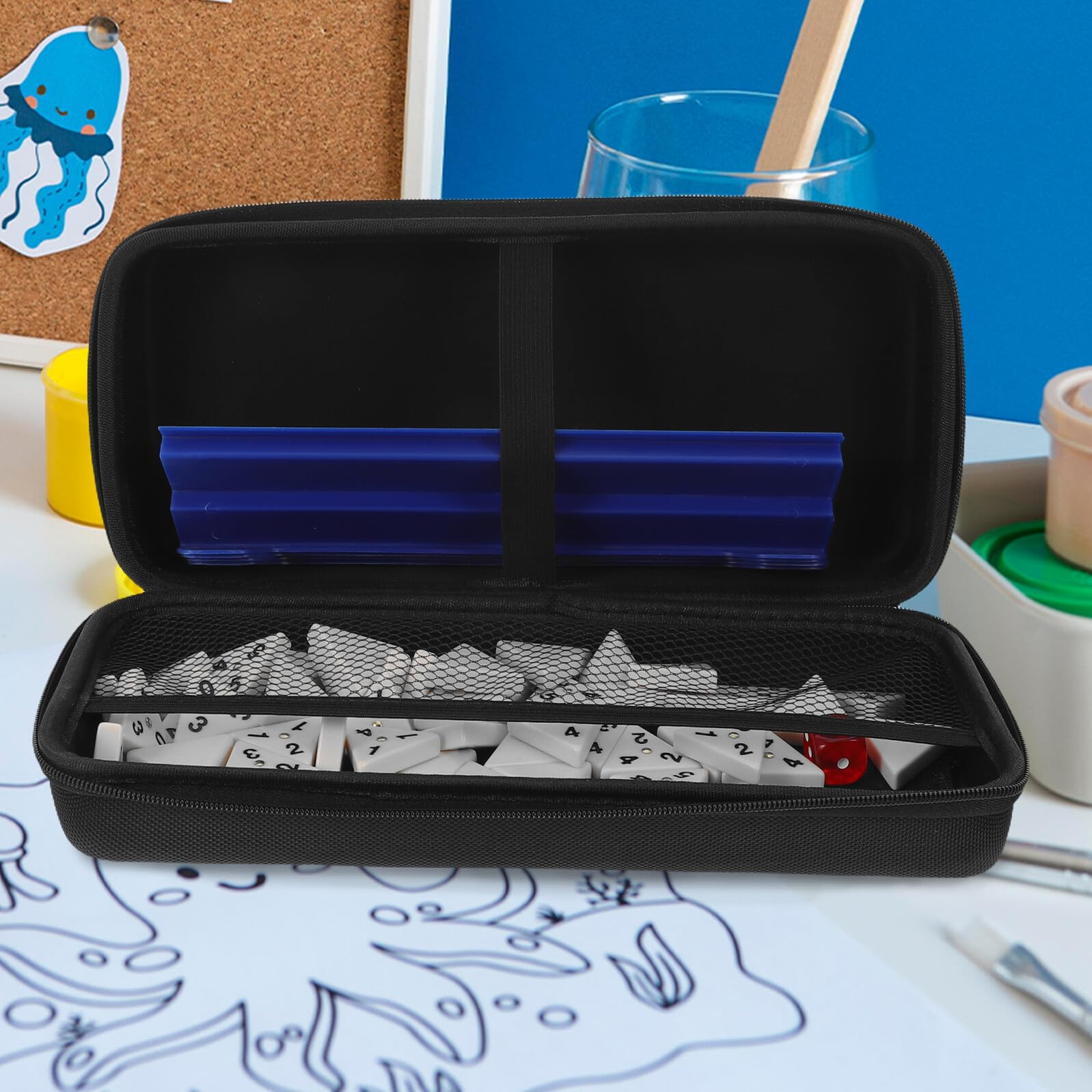 Set de Dés Triangulaires en Plastique Portable avec Étui et Paquet de Rangement, Jeu de Dominos Familial pour Soirée de Stratégie en Vacances ou Fête