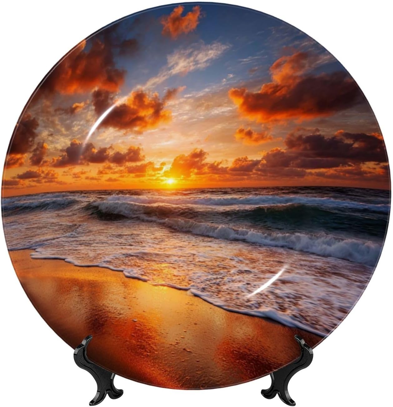 Bone China Decorative Plate with Display Beach Sunrise Ceramic Plates Crafts Art Decor Dessert Plate Ceramic Ornament Porcelain Plates for Living Room Kitchen Table Home Decor