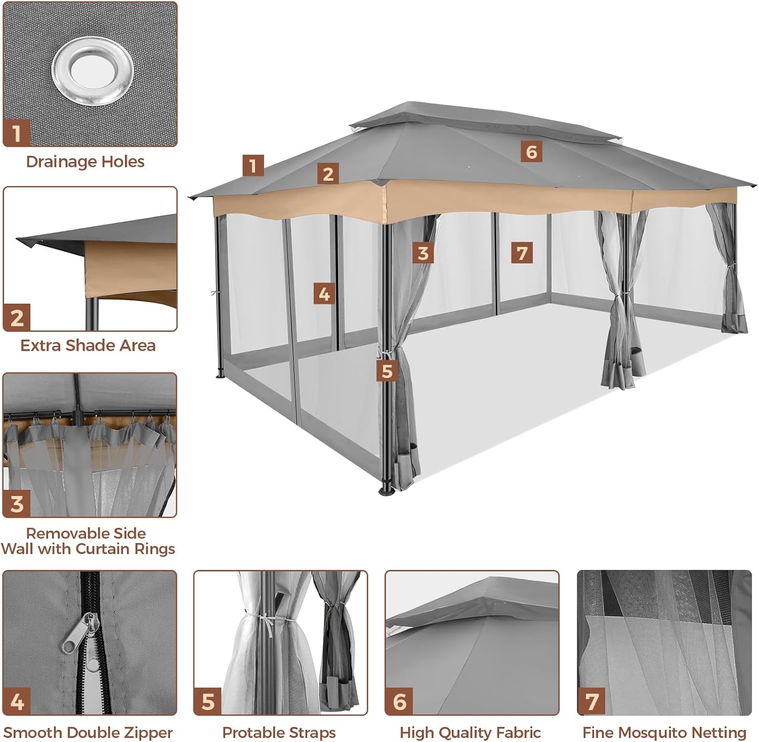 COBIZI Gazebo 12x20 Heavy Duty Gazebos with Improved Nettings Outdoor Gazebo Double Roof Patio Gazebos with Metal Steel Frame Outdoor Canopy for Patio, Deck, Backyard-Gray