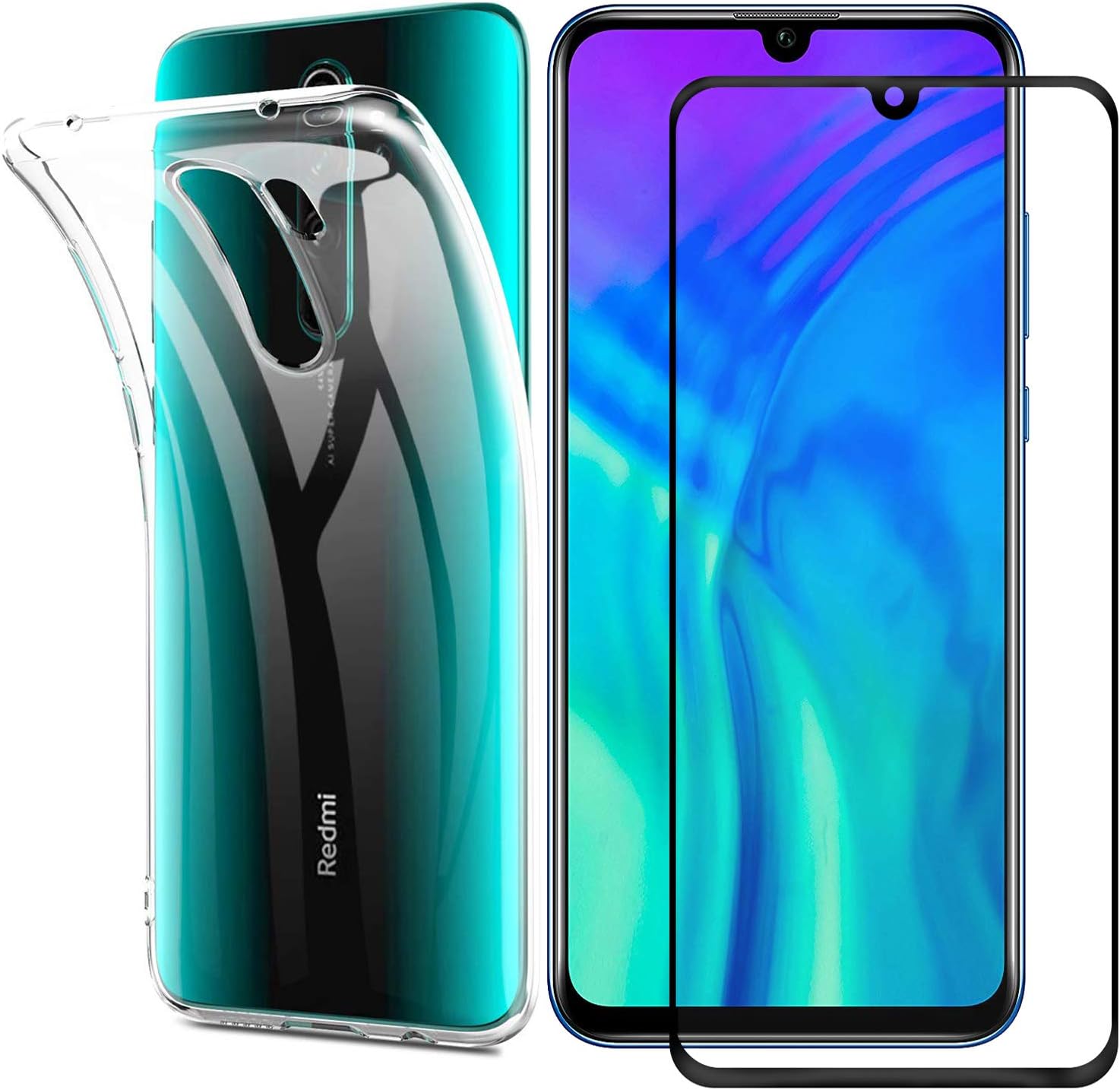AOYIY For Xiaomi Redmi Note 8 Pro Case and Screen Protector, [2 in 1] Transparent Soft TPU Phone Case + 9H Tempered Glass Full Screen Protector For Xiaomi Redmi Note 8 Pro