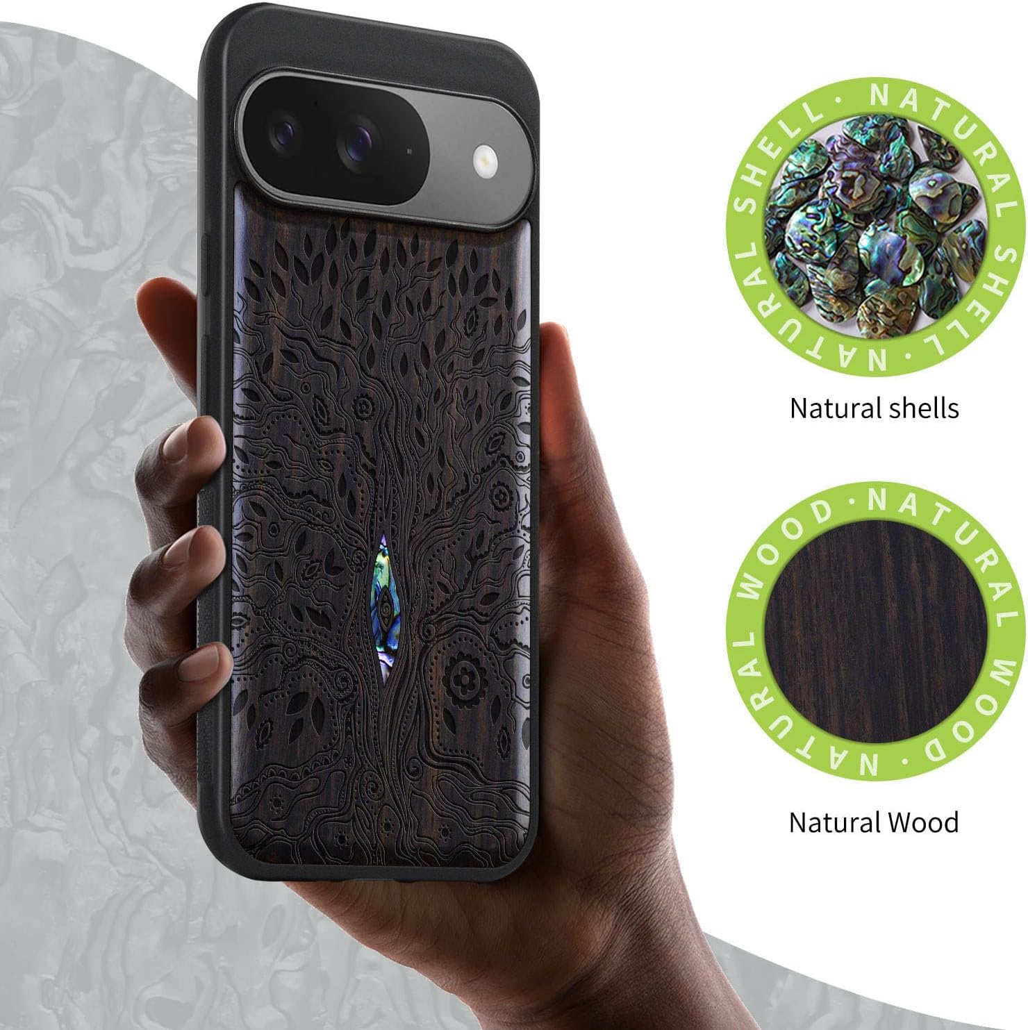 Carveit Magnetic Wooden Case for Google Pixel 9 Case, Wood Artisan Engraved & Handmade Shell Inlaid, Compatible with MagSafe Wireless Chargers, Tree of Life - Blackwood