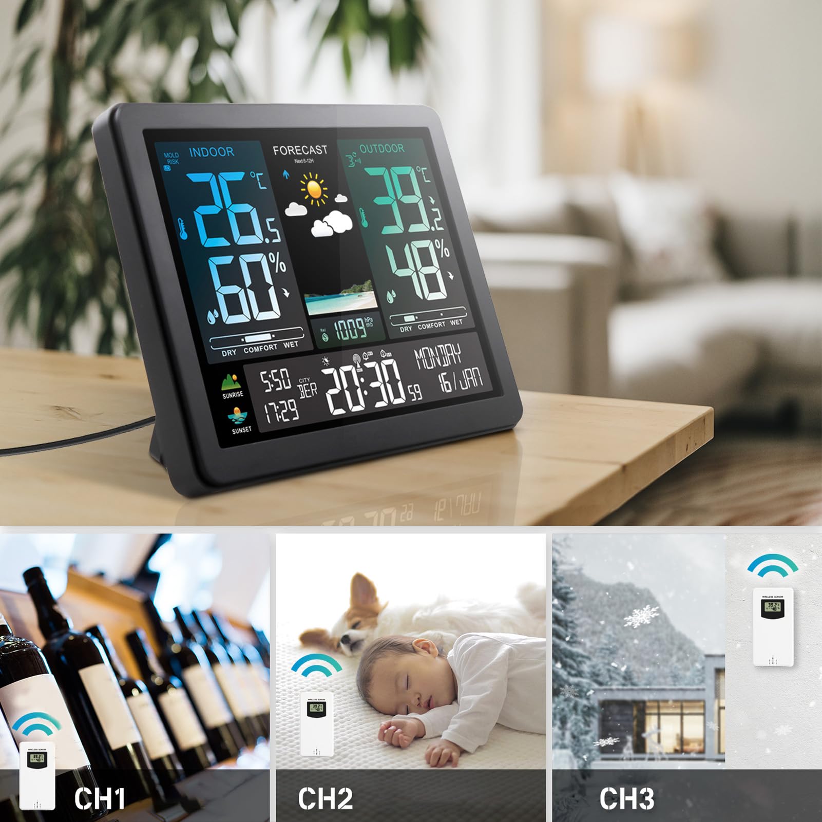 Asixxsix Drahtlose Wetterstation, Innen-Außenthermometer mit 6 Wettervorhersagen, Luftdrucktrends, Temperatur- und Luftfeuchtigkeitsaufzeichnungen für Zuhause, Wohnzimmer, Babyzimmer,