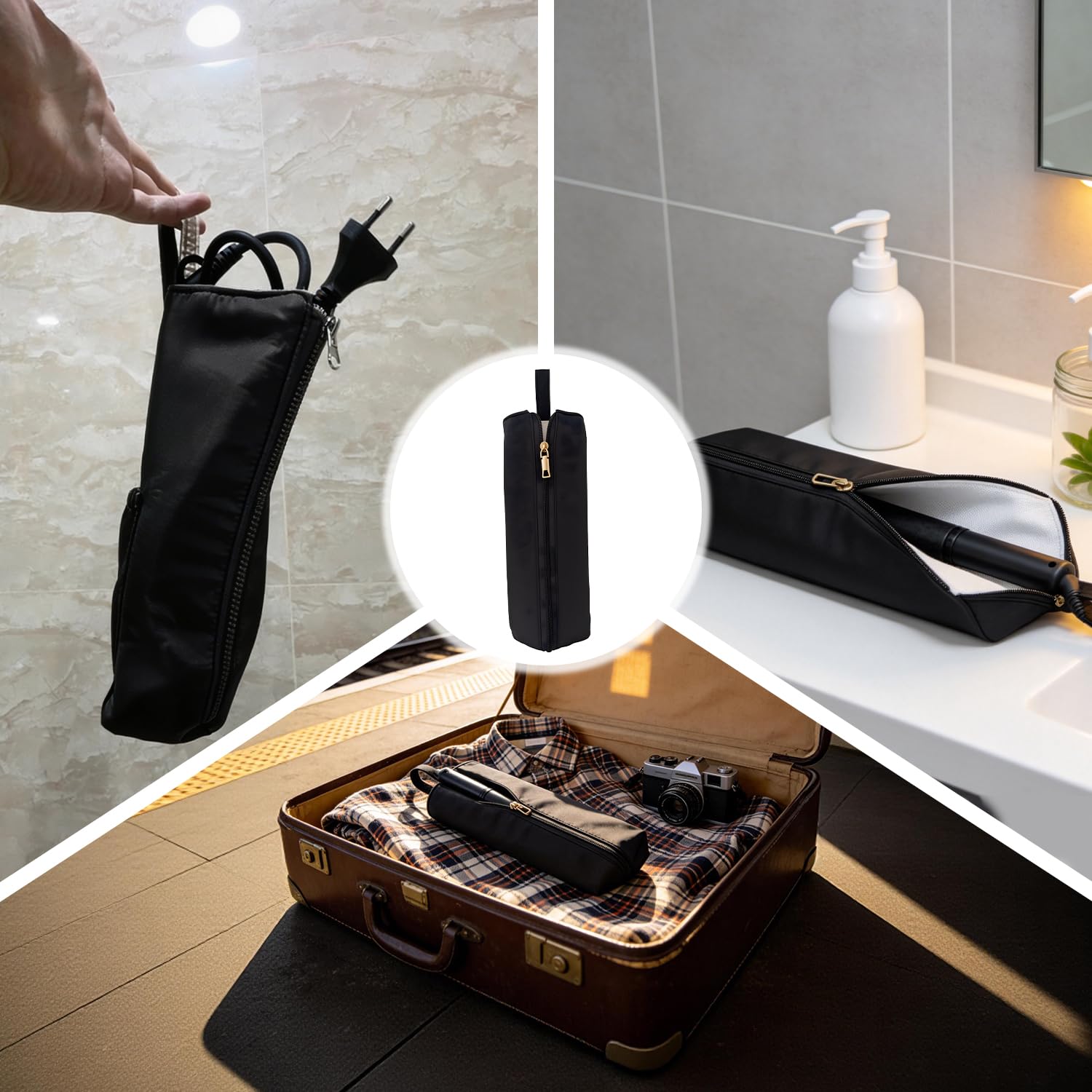 Funda Plancha Pelo Funda Airstrait,Estuche Airstrait con Forro Antiquemadura Adecuado para Tenacillas, Planchas y Otros Utensilios de Peinado,Colgable A Prueba de Agua,Negro