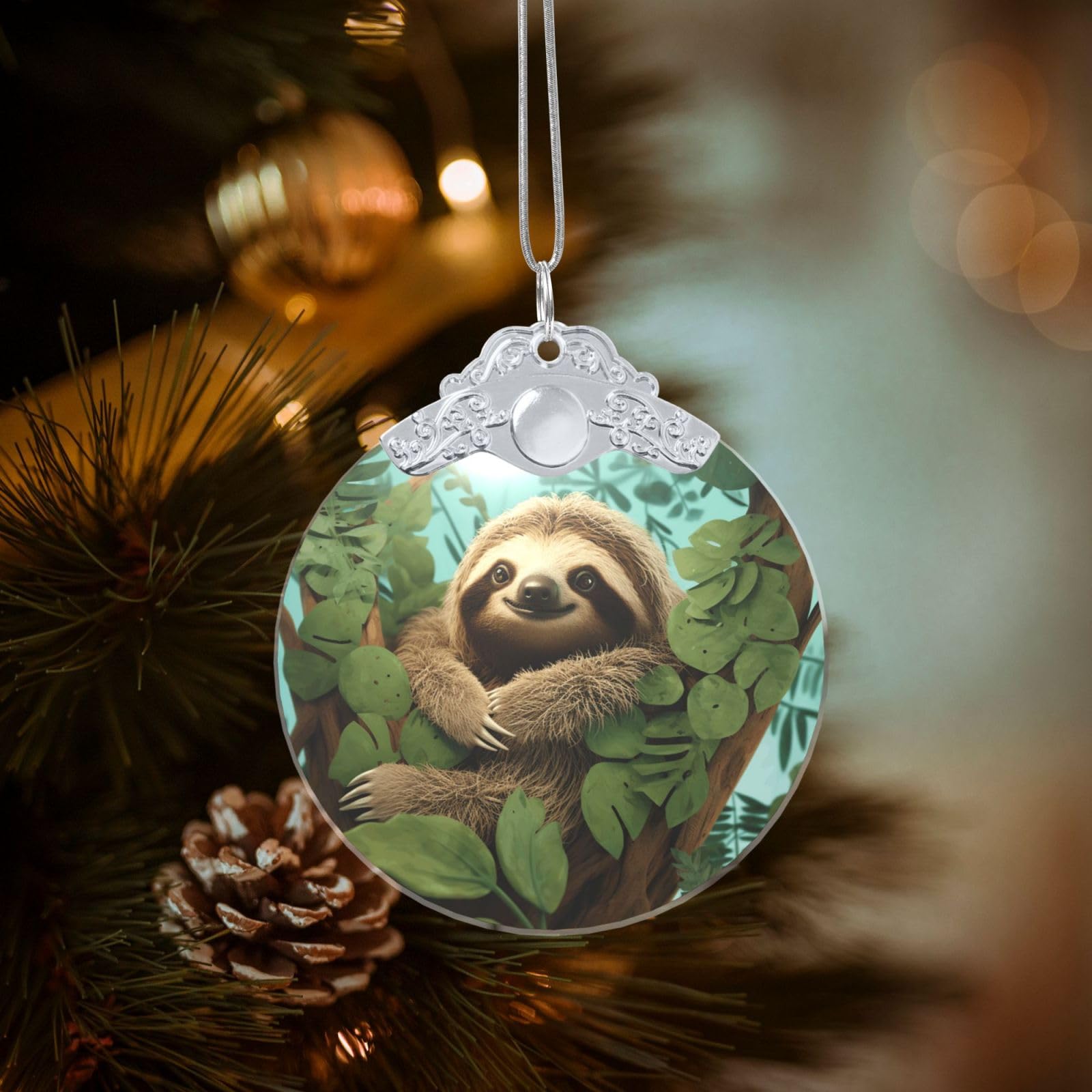 Crystal Christmas Ornaments for Christmas Tree Decoration Hanging Hug Tree Sloth Ornament with Gold Ribbon Crafts Round Pendant for Keepsake Gifts Glass Xmas Decor Party Supplies