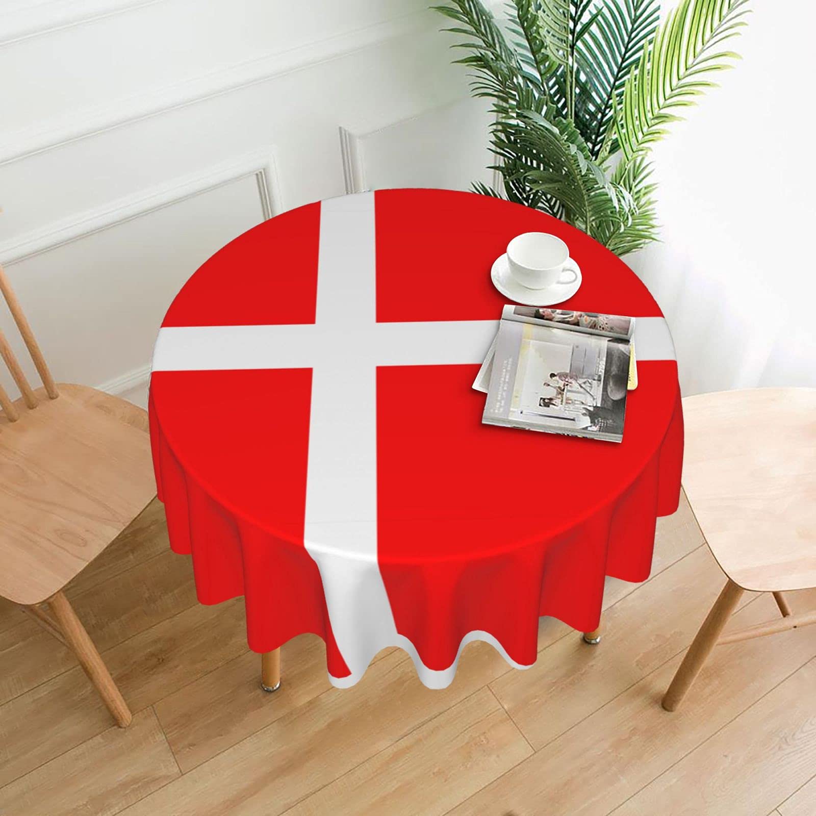 Lawenp Denmark Danish Flag Decorative Round Table Cloths - 60 Inches in Diameter for Buffet Tables, Parties, Holiday Dinners.