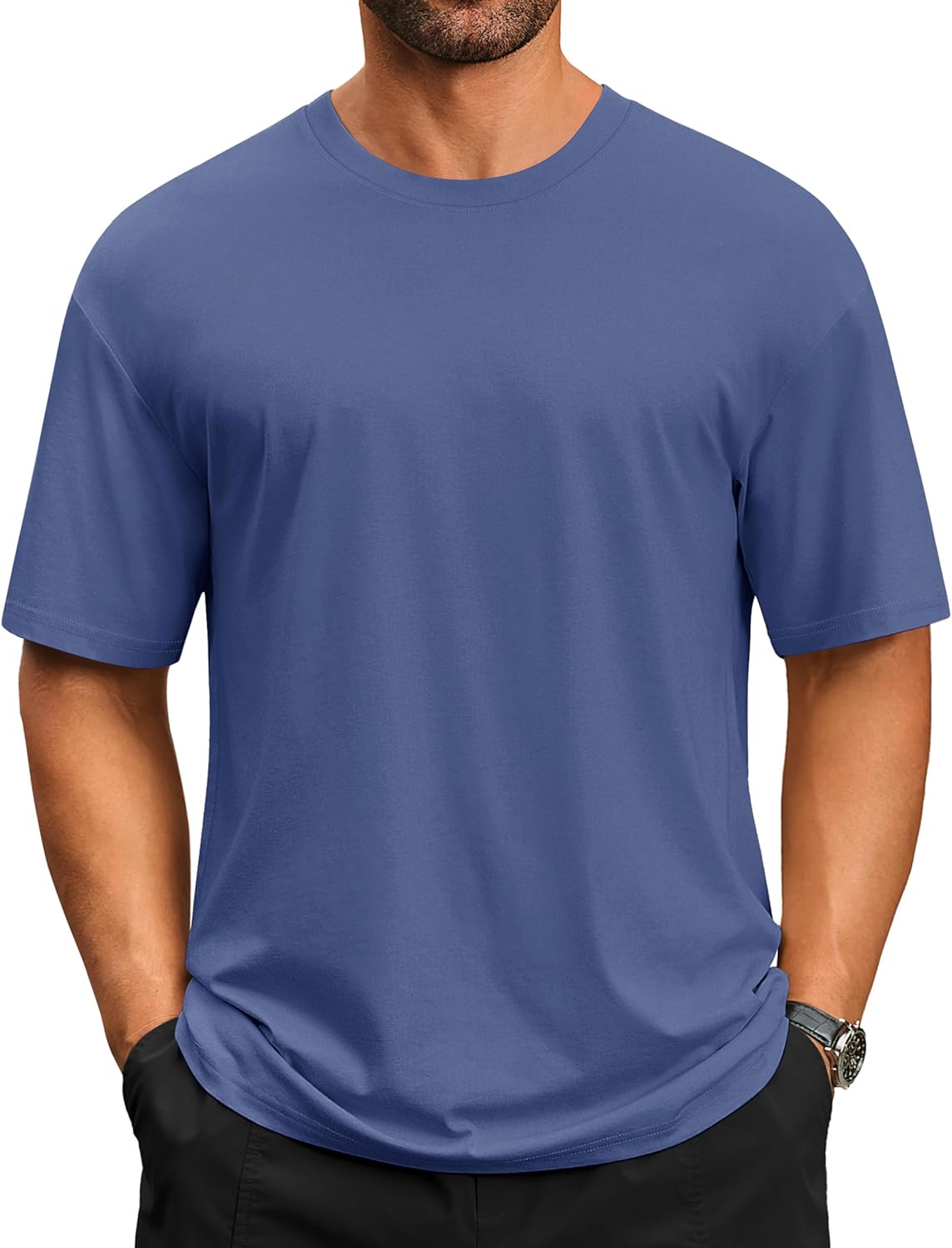 Cotrasen Men's T-Shirts Drop Shoulder Short Sleeve Cotton UPF 50+ Casual Loose Fit Tee Crew Neck Mens Curved Hem T Shirts