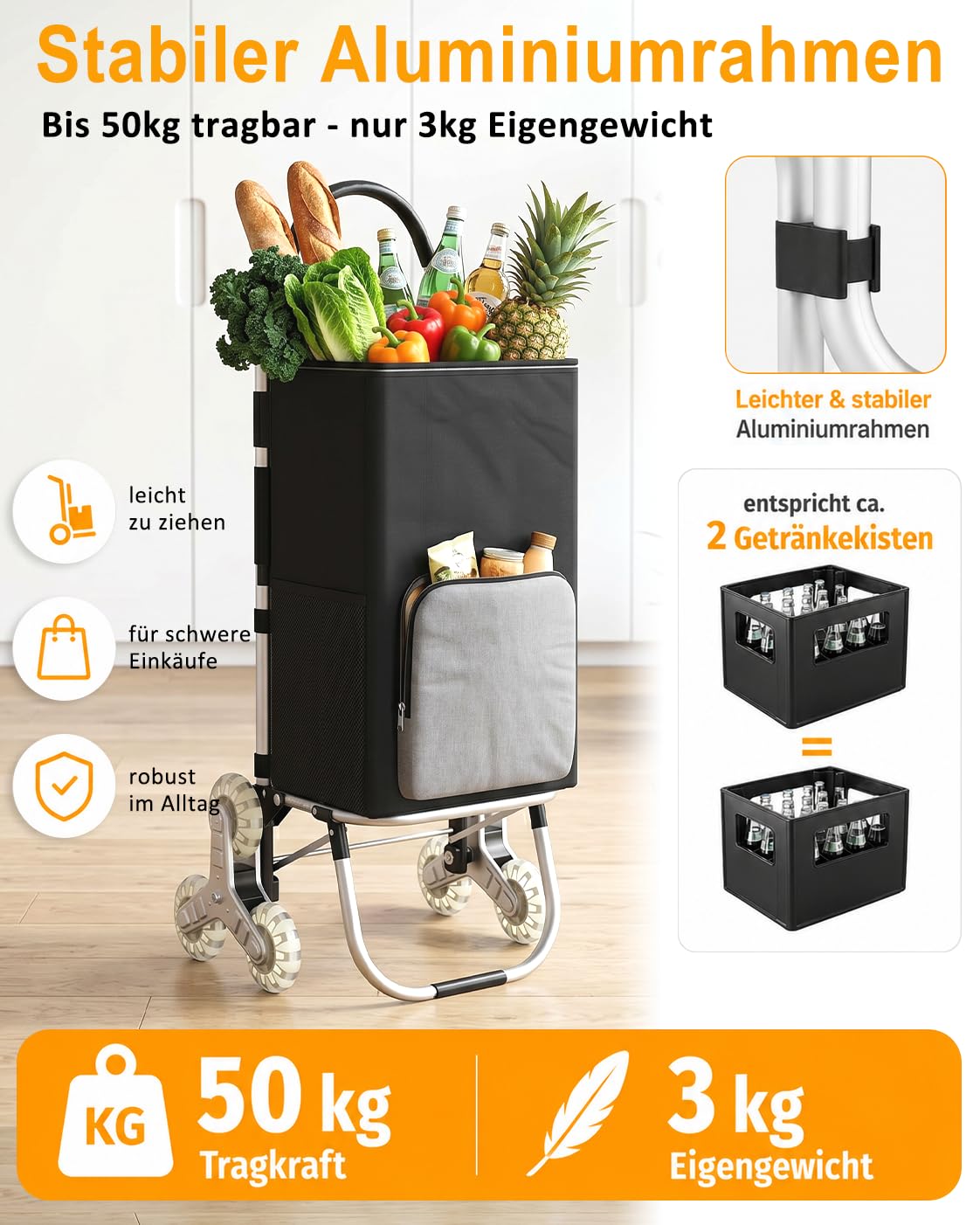 DROMEZ Einkaufstrolley Treppensteiger 50L mit Kuehlfach, klappbarer Hackenporsche mit 6 Rollen, Einkaufswagen faltbar aus Aluminium, abnehmbare Oxford-Tasche, bis 50 kg, Schwarz/Grau
