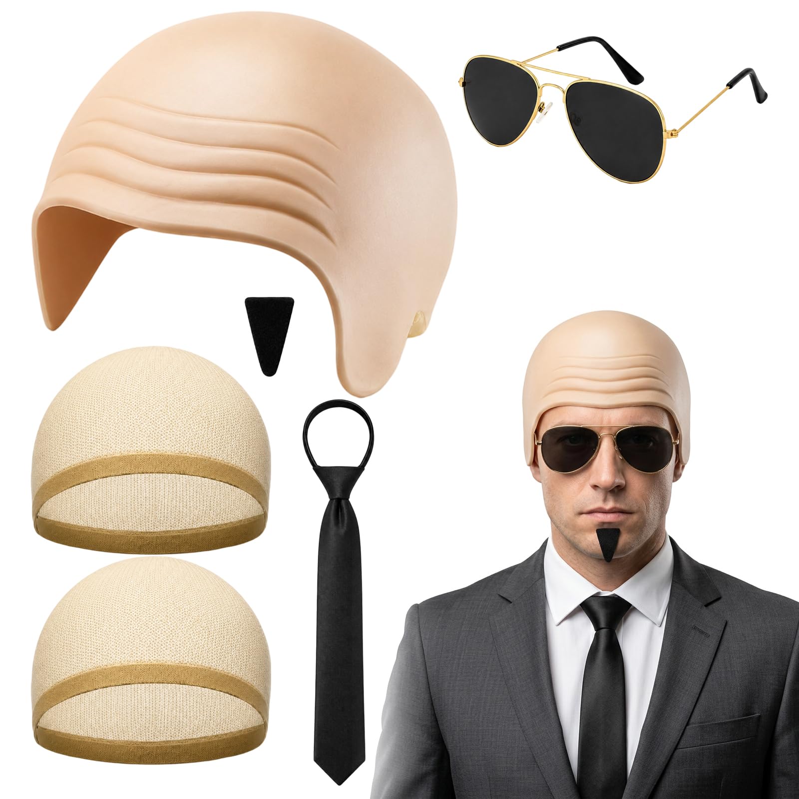 Bald Cap, Costume Halloween Man Transformation Set, Bald Caps Pitbull Style, Complete Kit with Hair Nets, Sunglasses, Moustache and Tie for Themed Parties and Music Events Black