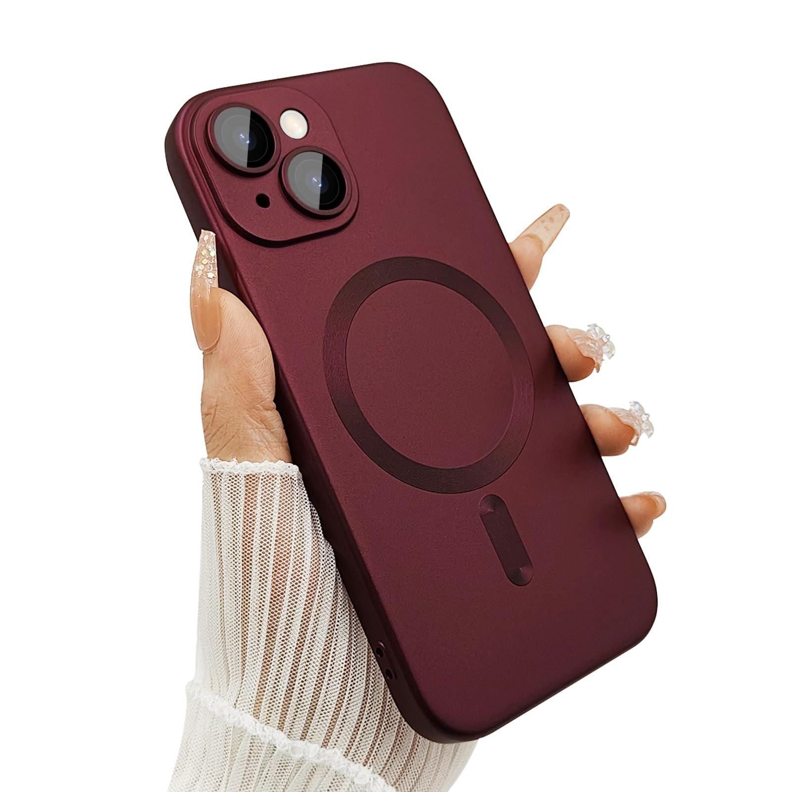 ankofave Magnetic case for iPhone 13 Phone Case for Women/Men, Matte Luxury Soft Metallic Luster Design with Camera Lens Protector, Compatible with Magsafe Case for iPhone 13 6.1"-Wine Red
