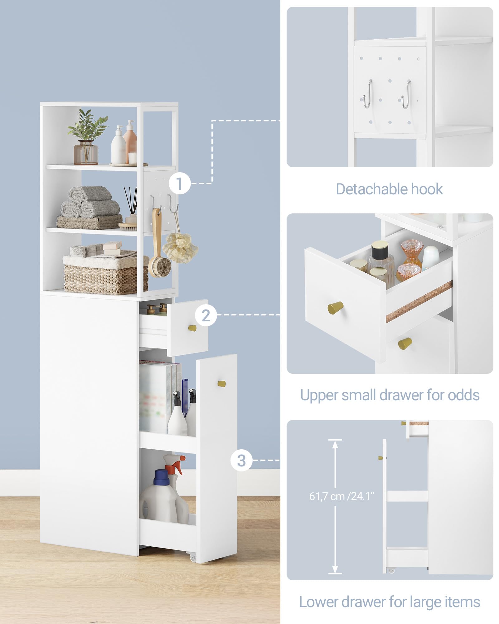 Hzuaneri Meuble de Salle de Bain Haut, Armoire de Rangement Fin, avec 2 Compartiments Ouverts, 2 Tiroirs et roulettes, Meuble de Cuisine, pour Petits Espaces, 40 x 20 x 140 cm Blanc BC32003W