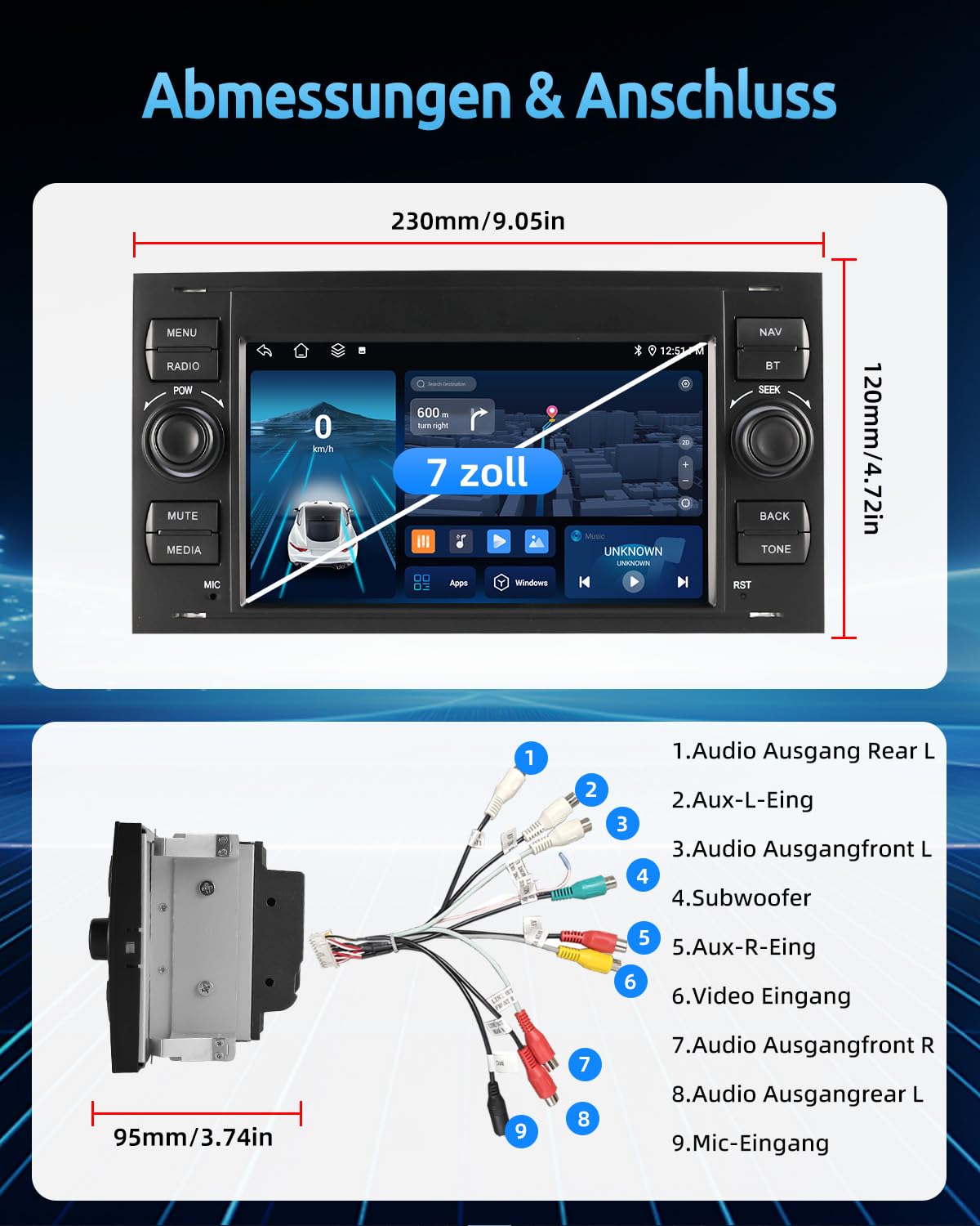 ESSGOO 2+64G Wireless Autoradio Android 14 Car Radio mit Carplay und Android Auto Für Ford Fiesta Galaxy Transit Connect MK7 Focus Fusion Kuga S/C-Max, 7 Zoll Touchscreen mit Bluetooth FM USB GPS