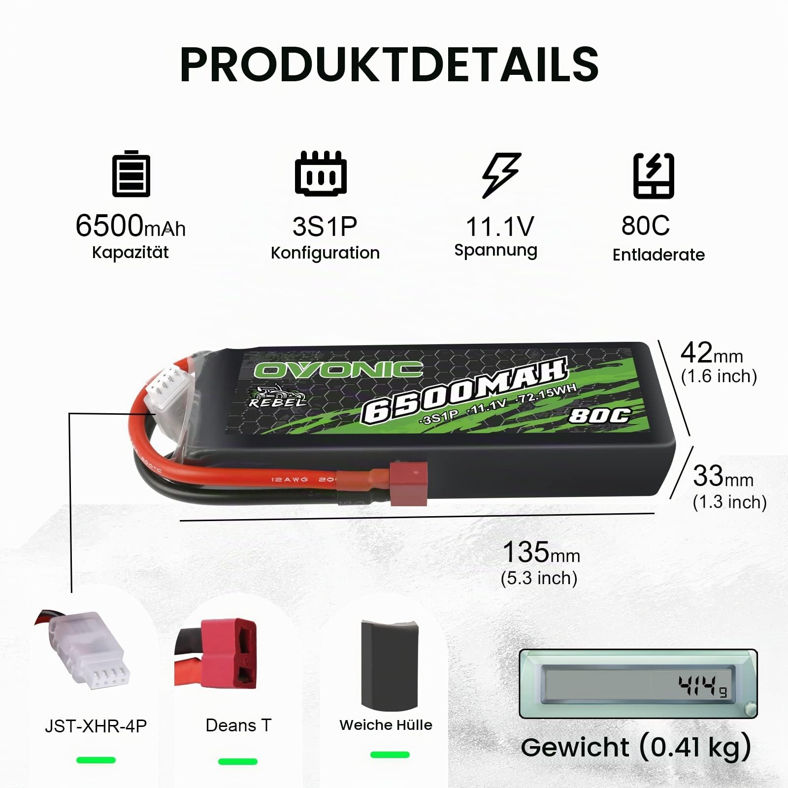 OVONIC RC Lipo Akku 3S 11.1V 6500mAh 80C Deans T Stecker Hardcase LiPo Batterie Zellen für FPV RC Flugzeug Auto Evader BX Quadcopter Hubschrauber LKW Boot (1 Stück)