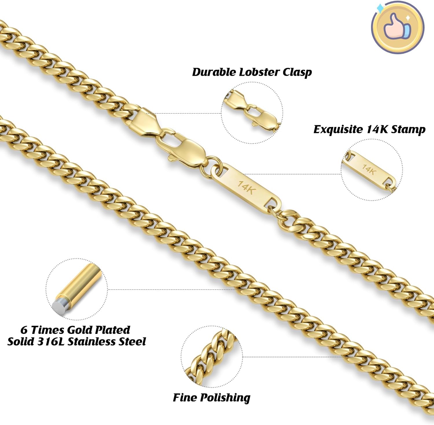 Miami Cuban Link Chain for Men, 6mm/8mm/10mm 316L Stainless Steel Cuban Chain Necklace, Hip-Hop Daily Style Jewelry, Silver/Gold Plated/Black, with Gift Box - Image 4