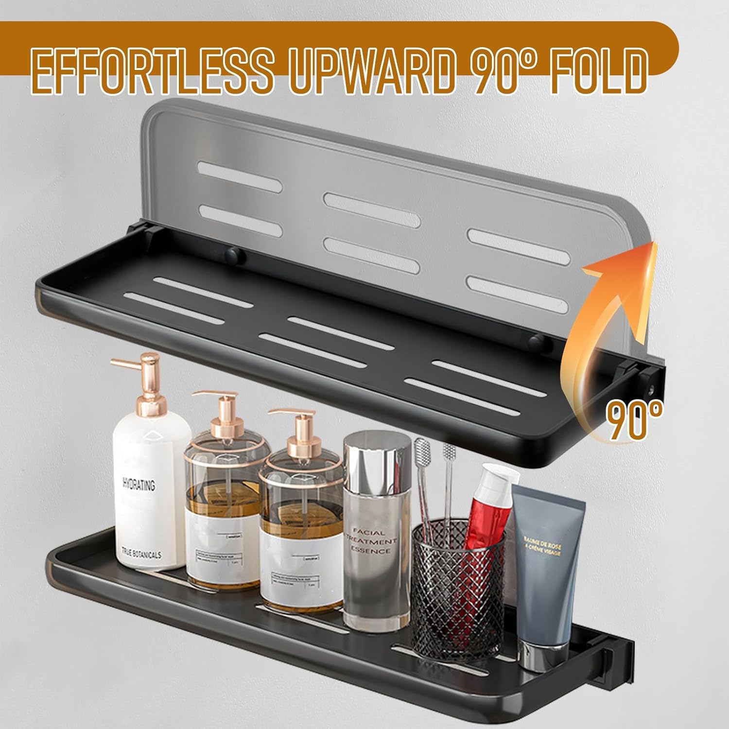 Small Folding Wall Shelf - Waterproof and Rust-Proof 90° fold Down - Easy Installation Folding Metal Shelf, Ideal for RV, Laundry, Toilet, Kitchen and Sofa (Black 2PCS, 15.75inch)