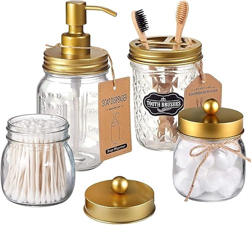 Miniatura 7 de Amolliar Juego de accesorios de baño de 4 piezas y 2 tarros de masón dorados, 3 dispensadores de jabón de loción y 2 soportes para hisopos de