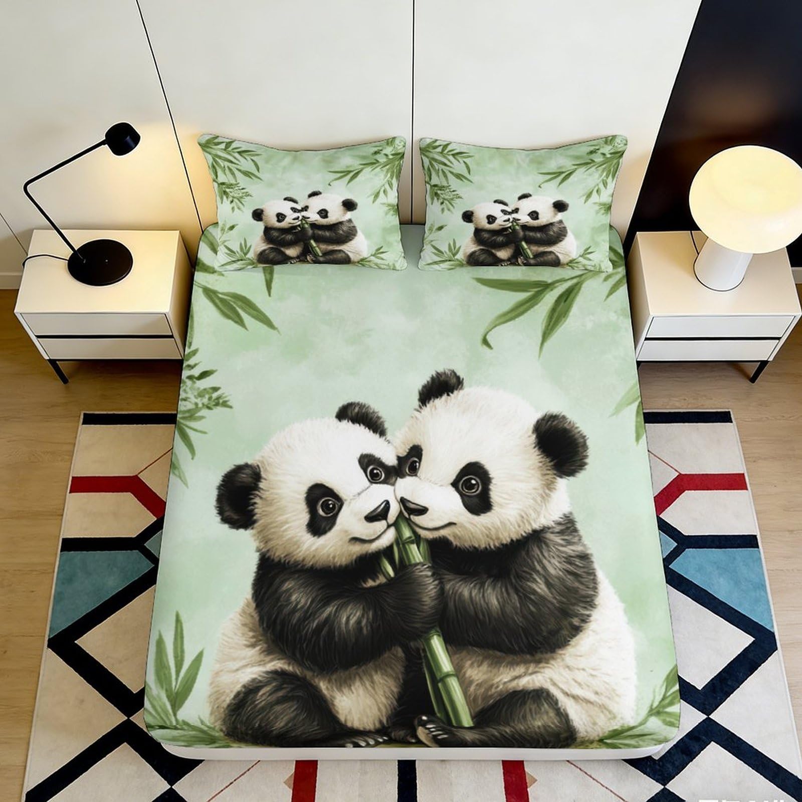 3D Printed Panda Bears Fitted Sheet Microfiber Soft Durable Green Bamboo Bed Cover for Bedroom Dormitory Guest Room Mattress Protection Decor 140x200x25cm
