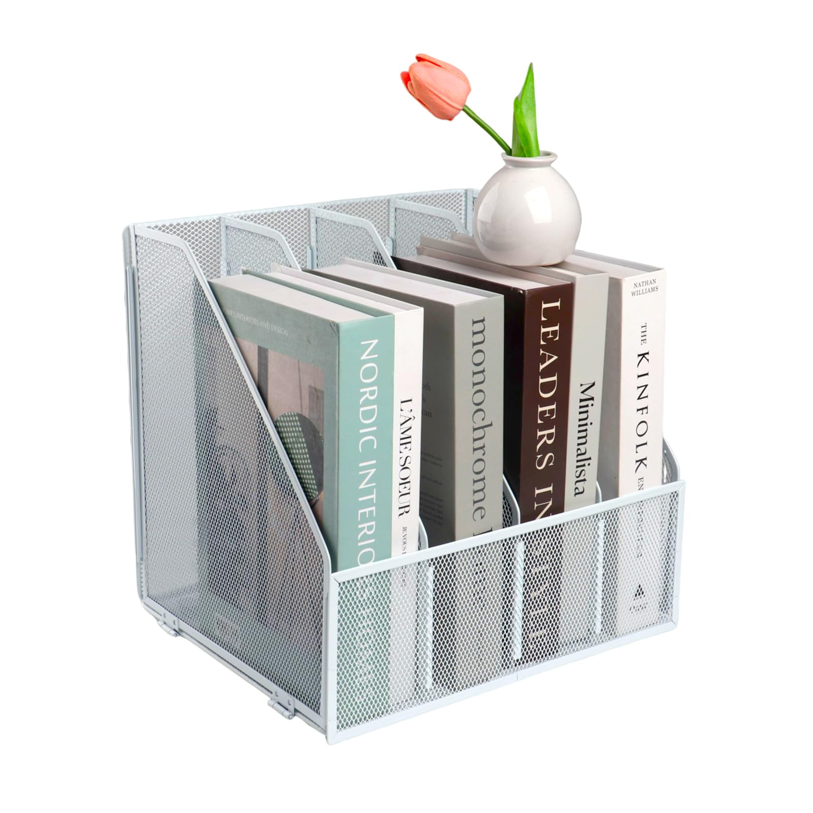 Easyofc White-4Tier Metal Mesh A4 Magazine File Holder, 4 Sections Desktop Document Organiser, Office File Storage Rack For Desk Tidy,White