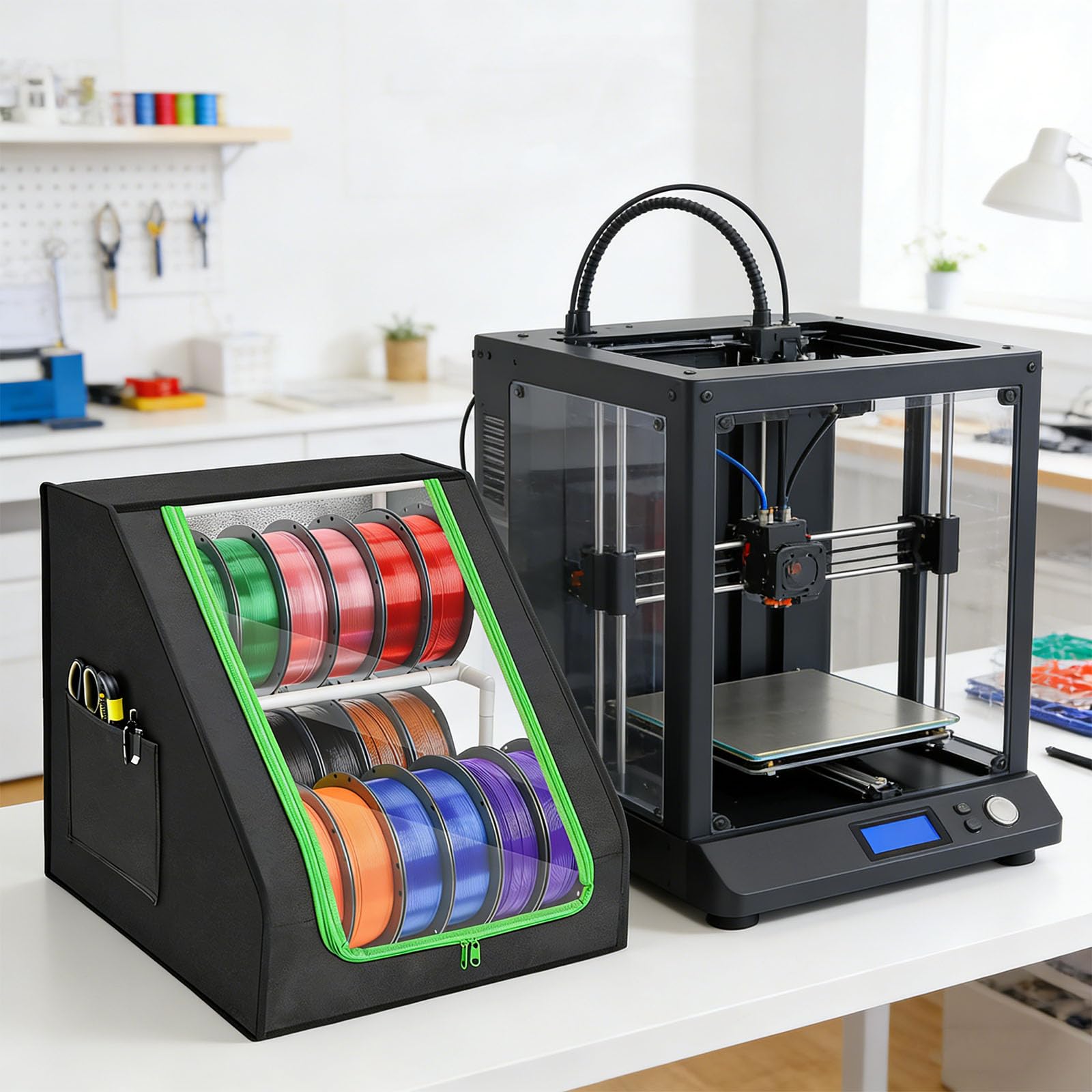 Amplio contenedor de suministros de impresión 3D con capacidad para 21 rollos, dos divisiones, robusto y eficiente soporte de carrete de filamento de tela Oxford
