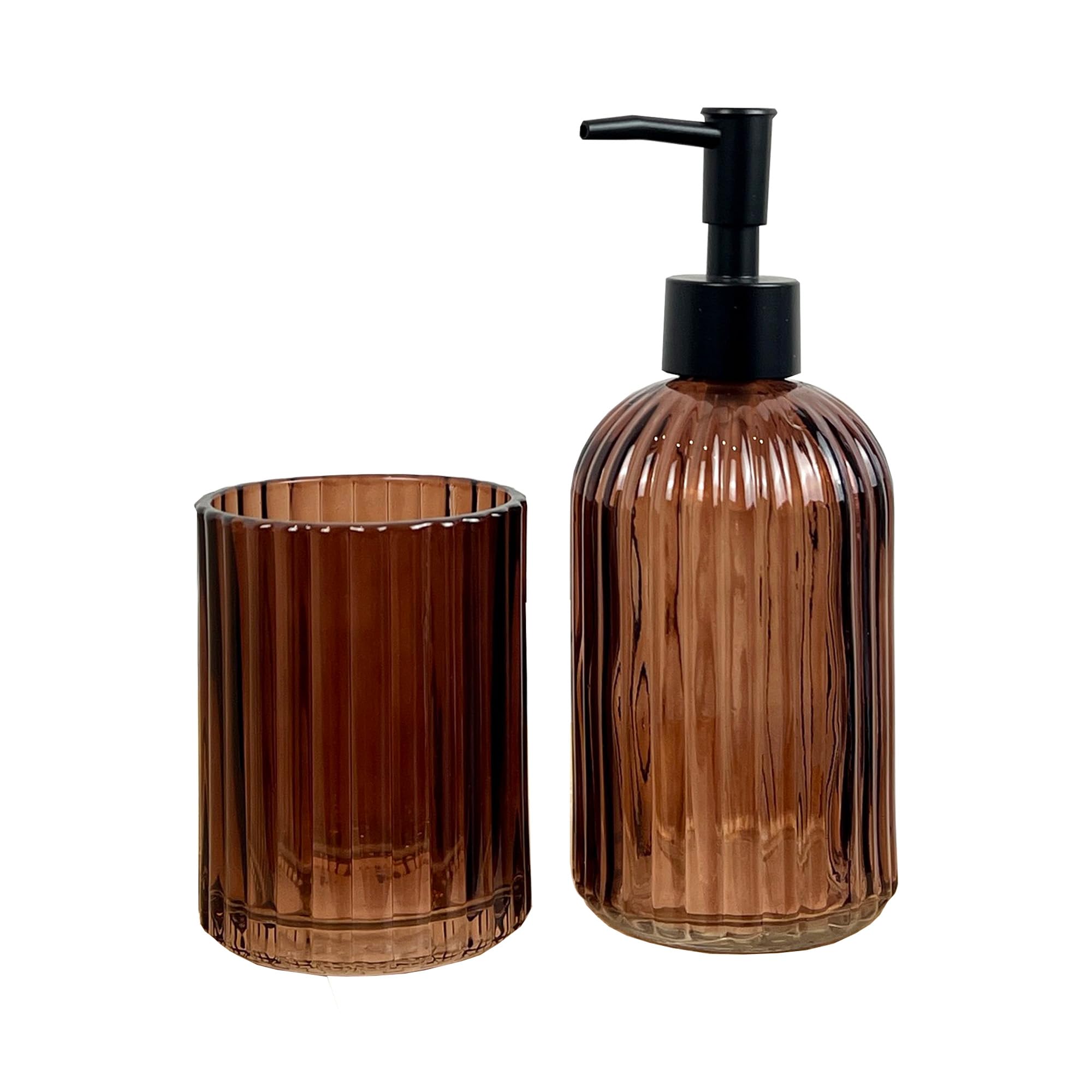 Alfie Francis Amber 2 Piece Ribbed Glass Bathroom Sink Accessories Set Liquid Soap Lotion Dispenser Tumbler/Toothbrush Holder Cup