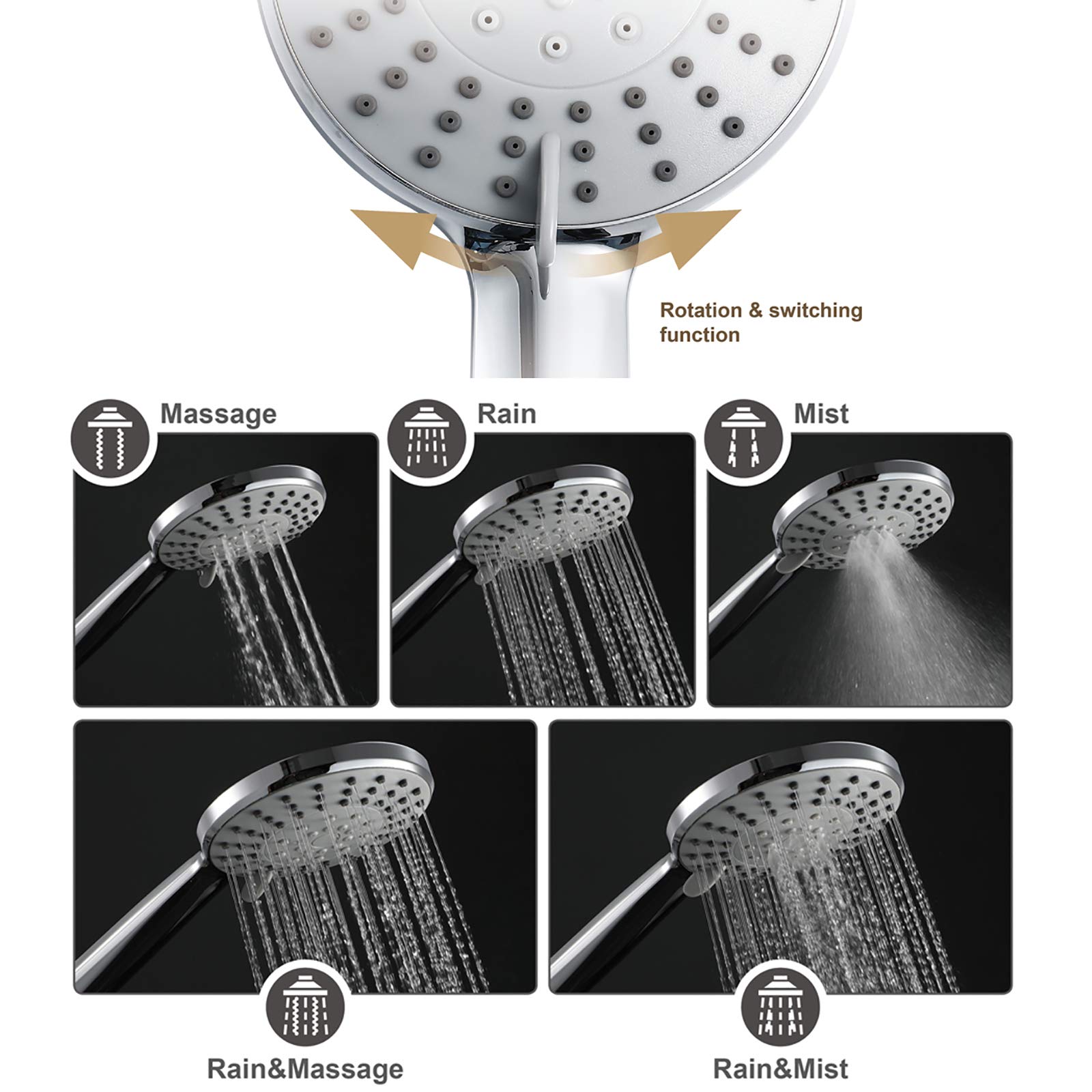 Ensemble de Pomme de Douche à Main Ensemble de Pomme de Douche à Main Universel chromé avec 5 Modes d'eau, pulvérisateur de Douche à Main Haute Pression ABS avec Support ABS et tuy