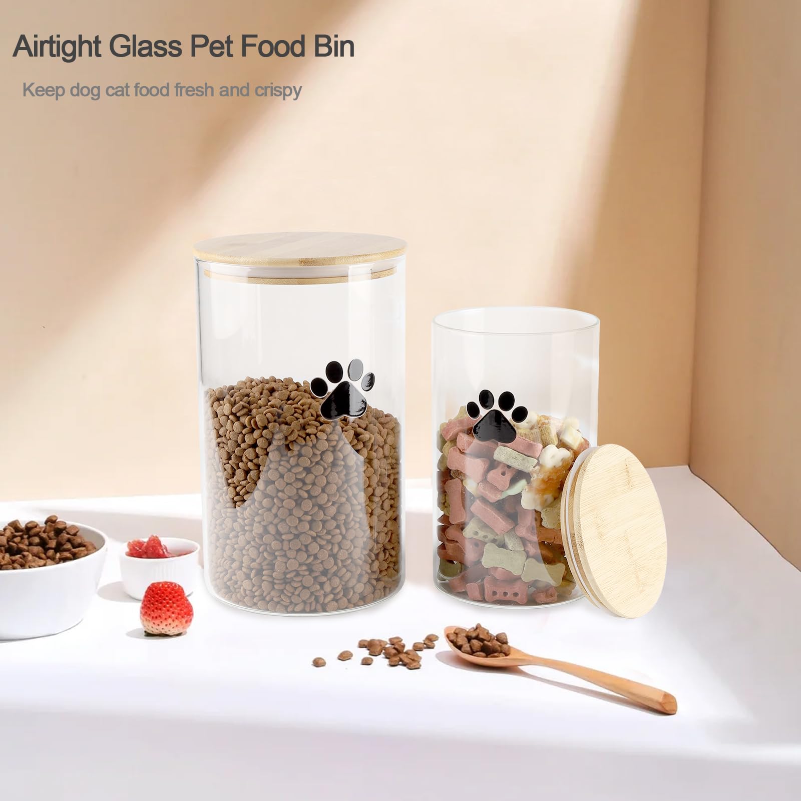 Juego de tarros de vidrio para perros y gatos, 2.2 onzas + 40 onzas, contenedor transparente para alimentos para perros y gatos con tapas de bambú, tarro hermético para golosinas para gatos,