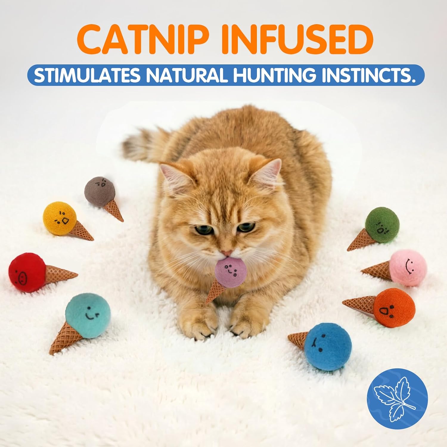 Catnip Toys for Indoor Cats, Felt Ice Cream Balls, 9-Pack | Includes nine soft felt catnip toys with cute ice cream designs, 1.4-inch balls, and a storage box for indoor play
