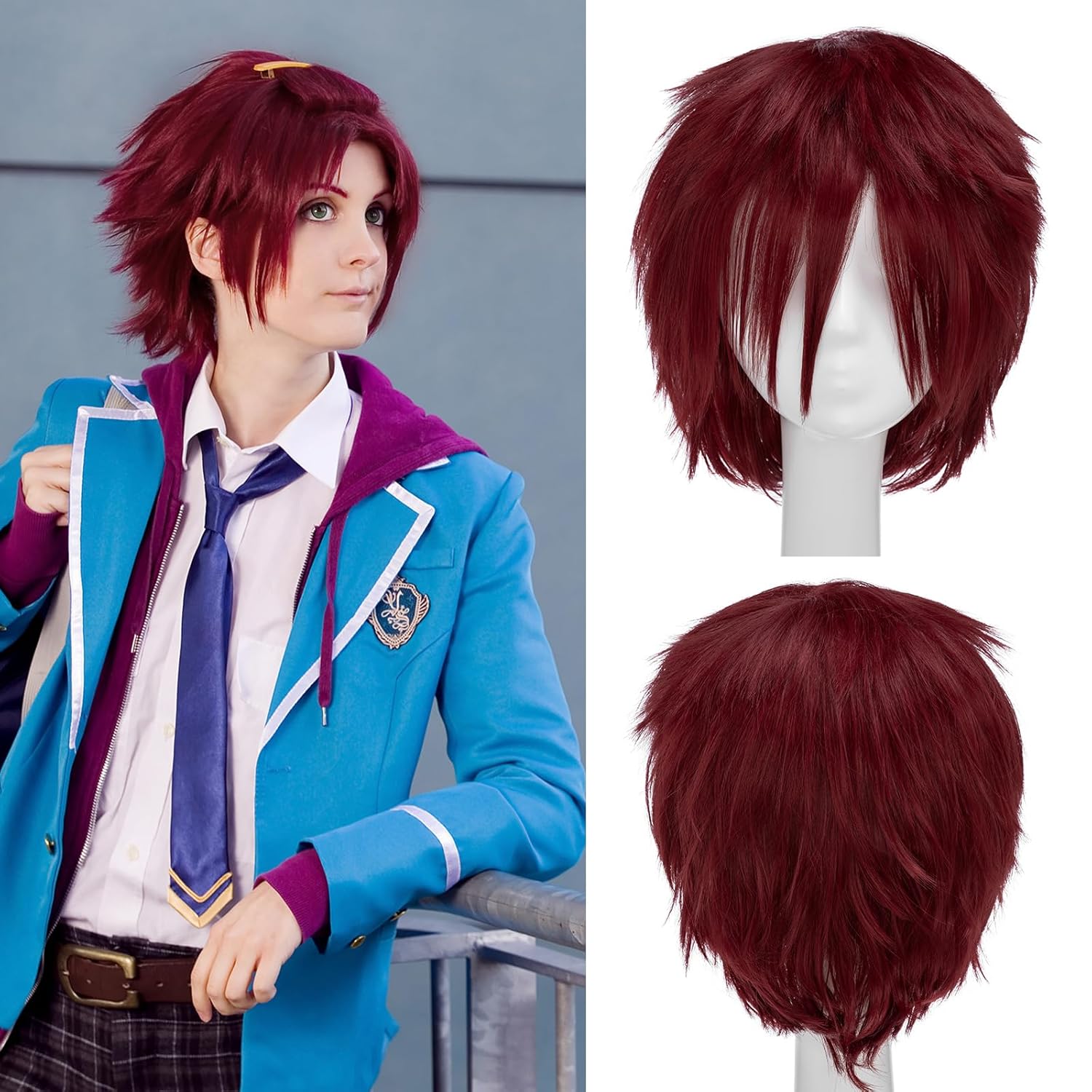 S-noilite Unisex Short Cosplay Hair Wig For Women Men Layered Straight Shaggy Short Anime Wig for Halloween Party Costume Wigs Wine Red