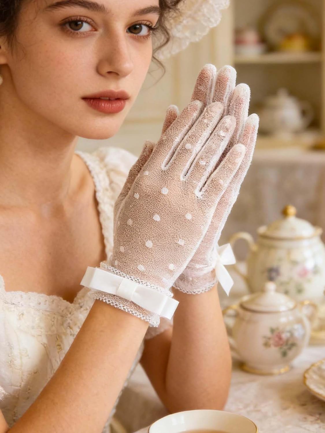 Acenail White Short Women's Wedding Gloves - Sheer Floral Tea Party, 20s Evening Opera, Bridal