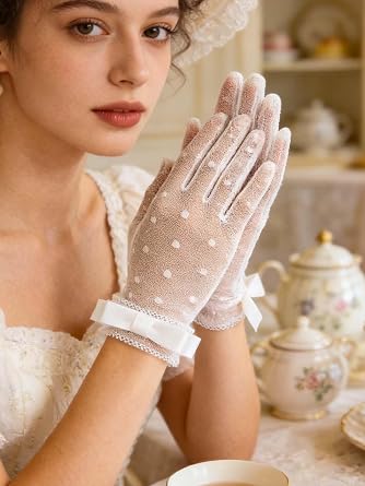 Acenail White Short Women's Wedding Gloves - Sheer Floral Tea Party, 20s Evening Opera, Bridal