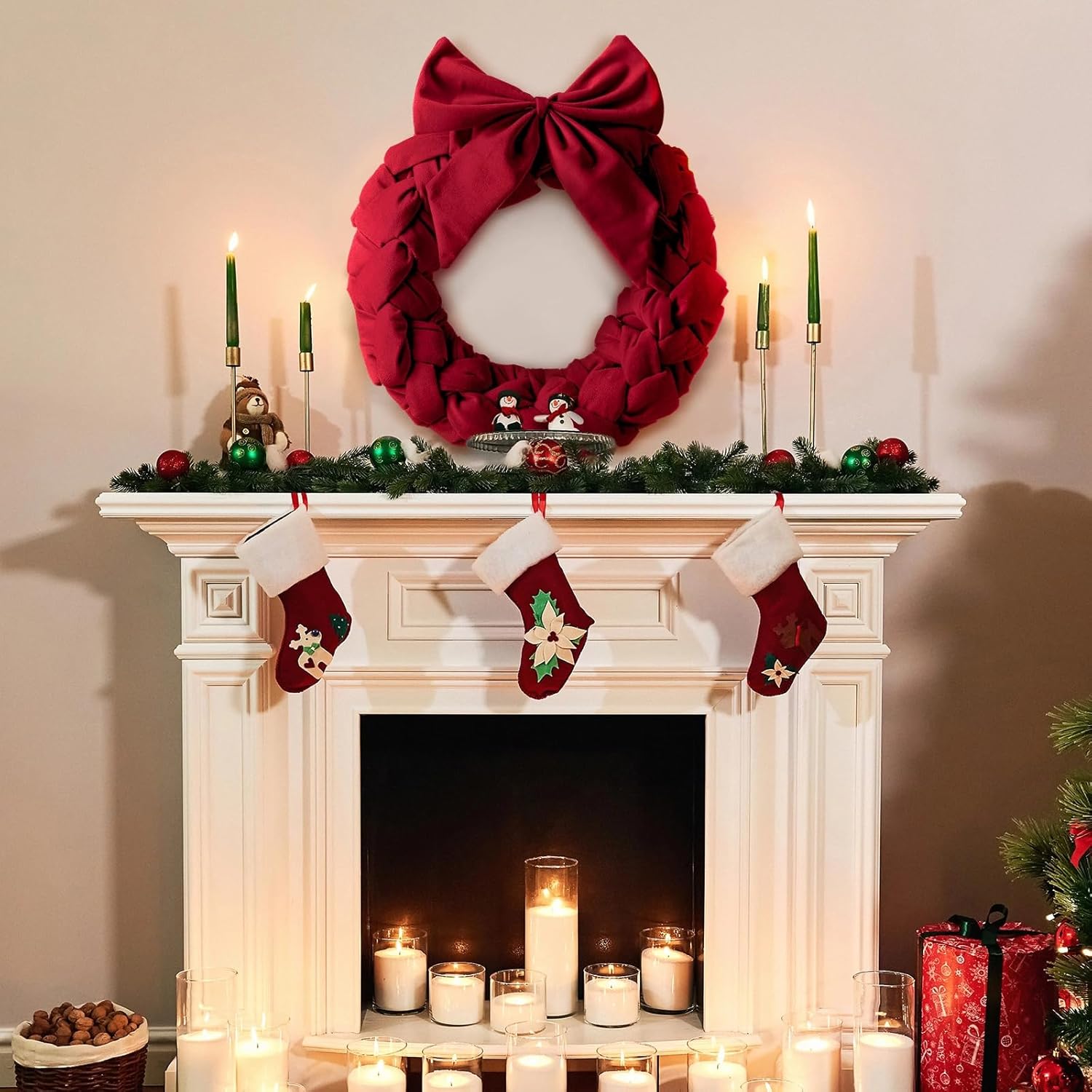 Barydat Christmas Velvet Wreath 14" Wreaths for Front Door Velvet Christmas Wreath Ornament with Bow for Party Table Fireplaces Porch Walls New Years Home Decor