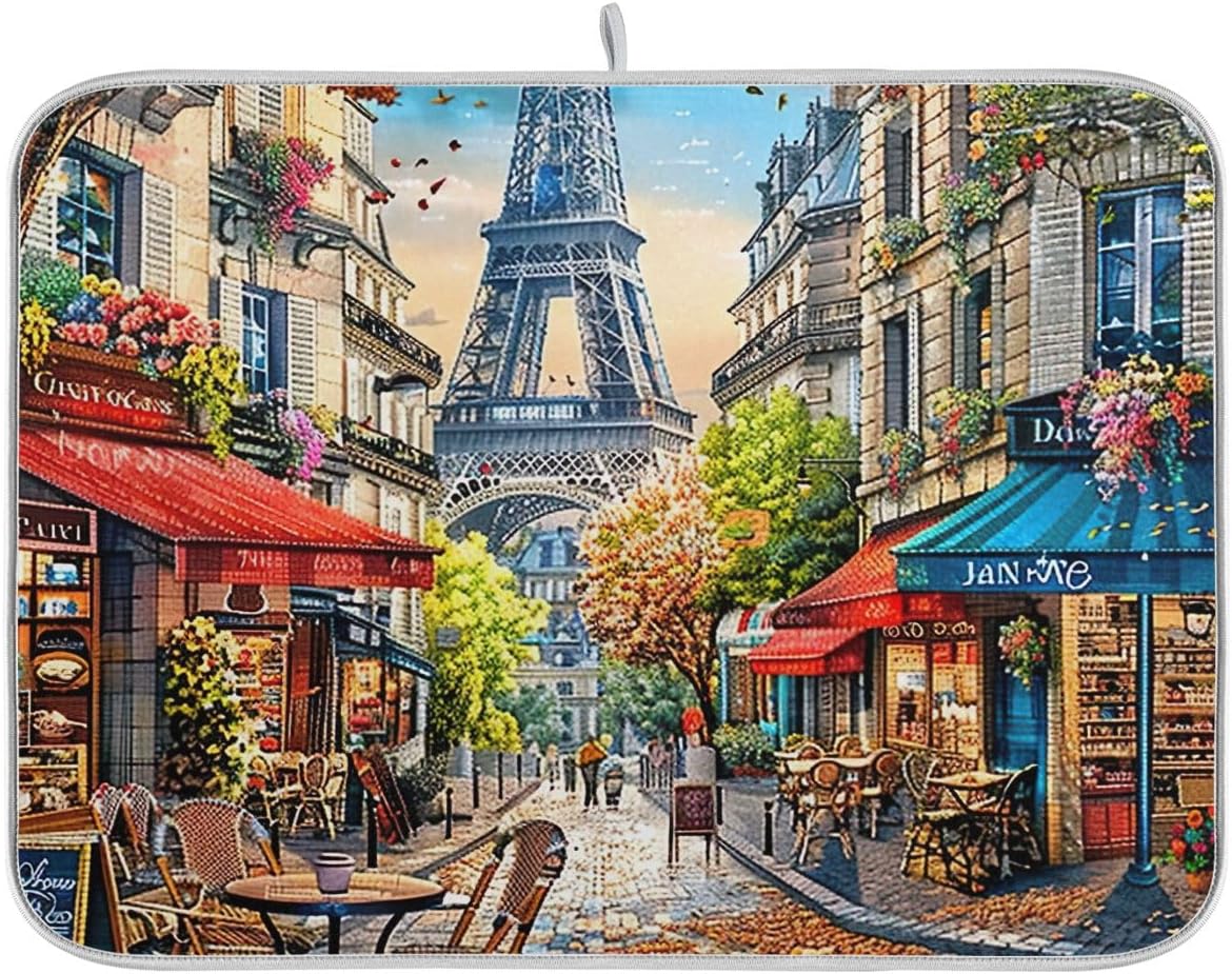 Paris Street Scenes Dish Drying Mat Dish Dryer Matt Large Dish Mat Drying 18 x 24 Dish Drying Pad for Kitchen Counter Dish Drainer Mats