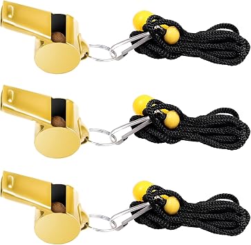 SAVITA 3pcs Stainless Steel Whistles with Lanyard, Super Loud Premium Metal Sports Whistles Bulk for Outdoor Activities PE Classes Coaches Polices Referees Teacher Emergency Golden