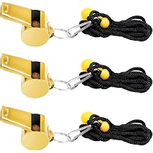SAVITA 3pcs Stainless Steel Whistles with Lanyard, Super Loud Premium Metal Sports Whistles Bulk for Outdoor Activities PE Classes Coaches Polices Referees Teacher Emergency Golden