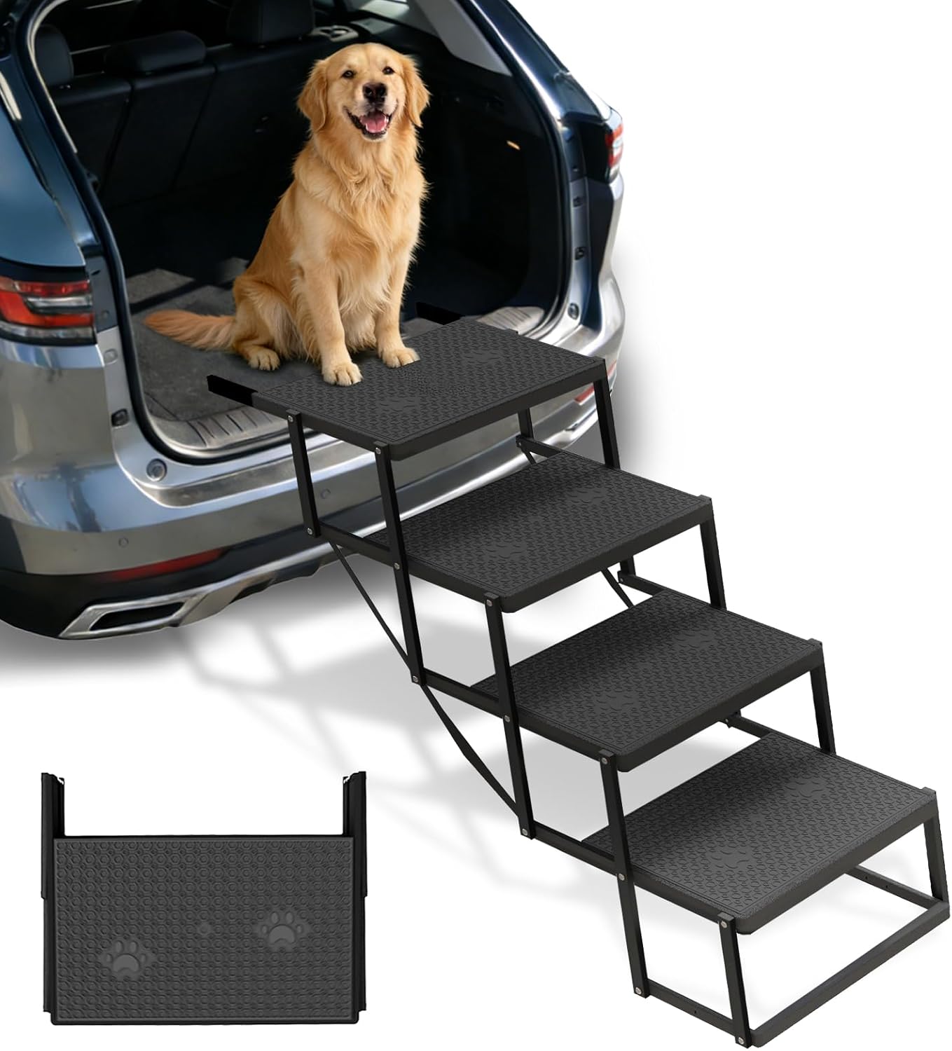 Dog Steps for Car, Truck, SUV, Dog Stairs for Car with Upgraded Non-Slip Surface, Foldable Dog Ramp for Car, Pet Stairs for Large Dogs, 4 Steps