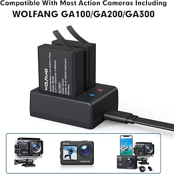 WOLFANG Action Camera Kit, Charging Kit with Two 1350 mAh Batteries and USB Charger GA100 / GA120 / GA200 / GA300
