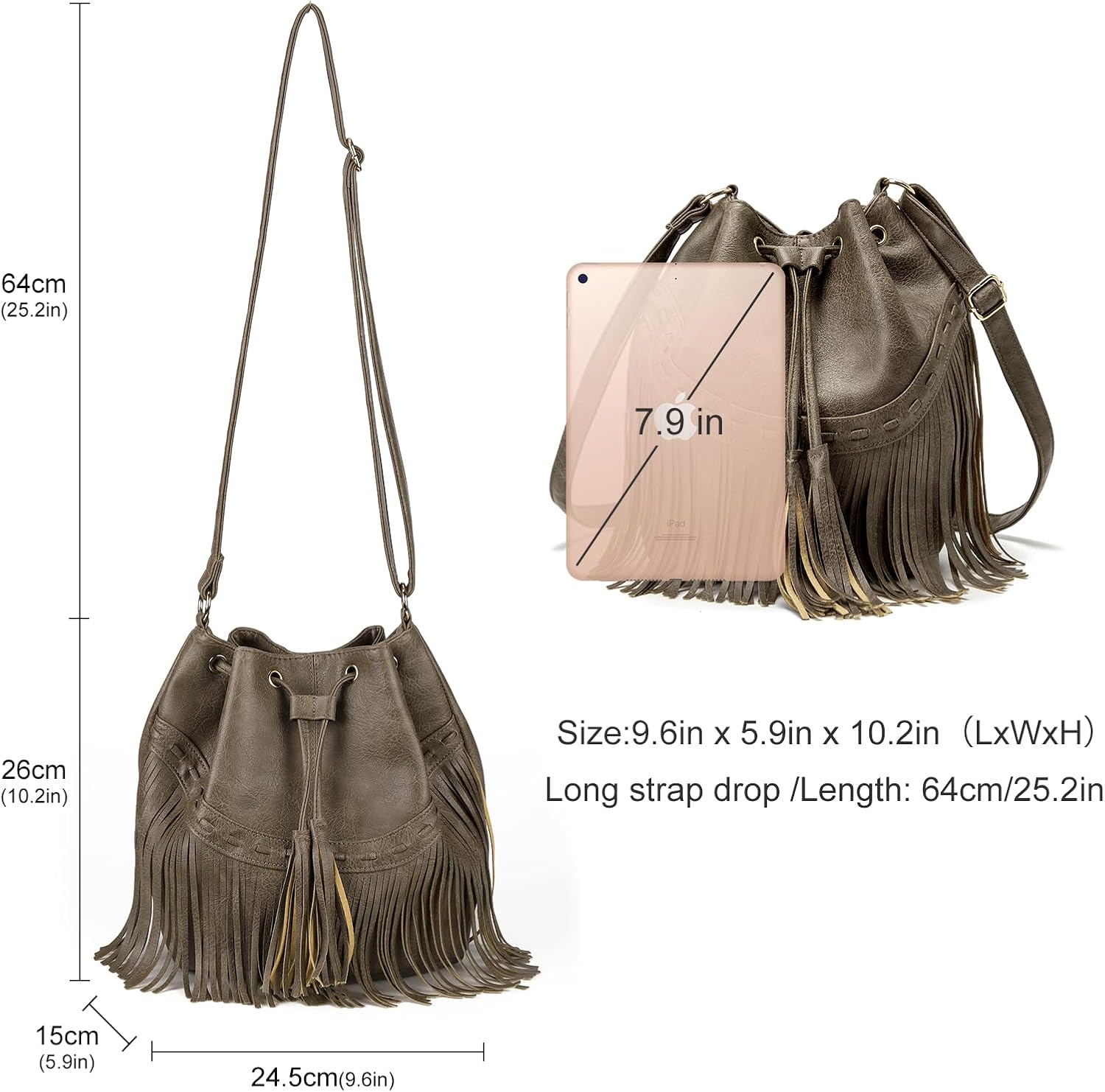 Leather Bucket Bags for Women Crossbody Fringe Purses with Drawstring Ladies Tassel Hobo and Shoulder Handbags - Image 3