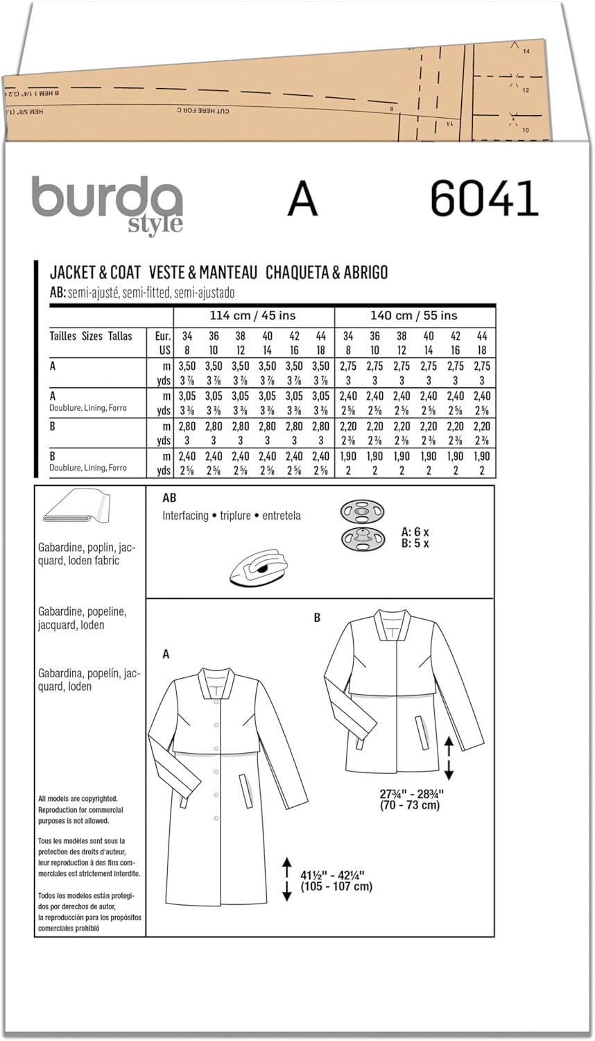 Burda Style X06041BURDA Misses' Coat and Jacket Sewing Pattern Packet, Design Code B6041, Sizes 8-18 (34-44)