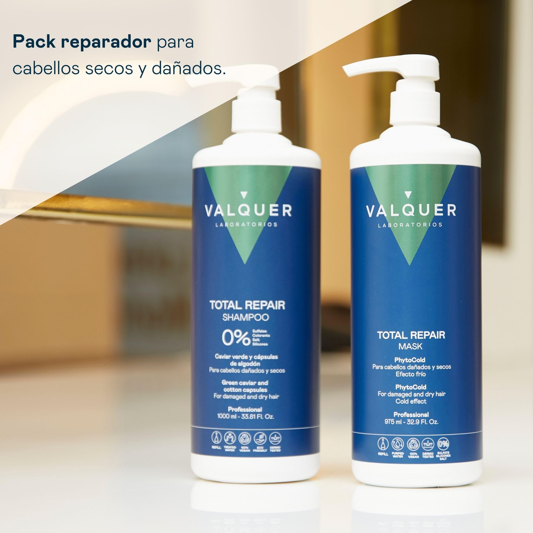 VALQUER Pack Total Repair Champú y Mascarilla Zero | Repara, Nutre e Hidrata el Cabello Dañado y Seco | Con Caviar Verde, Vitamina E y Cápsulas de Algodón | Vegano | 1 L + 975 ml