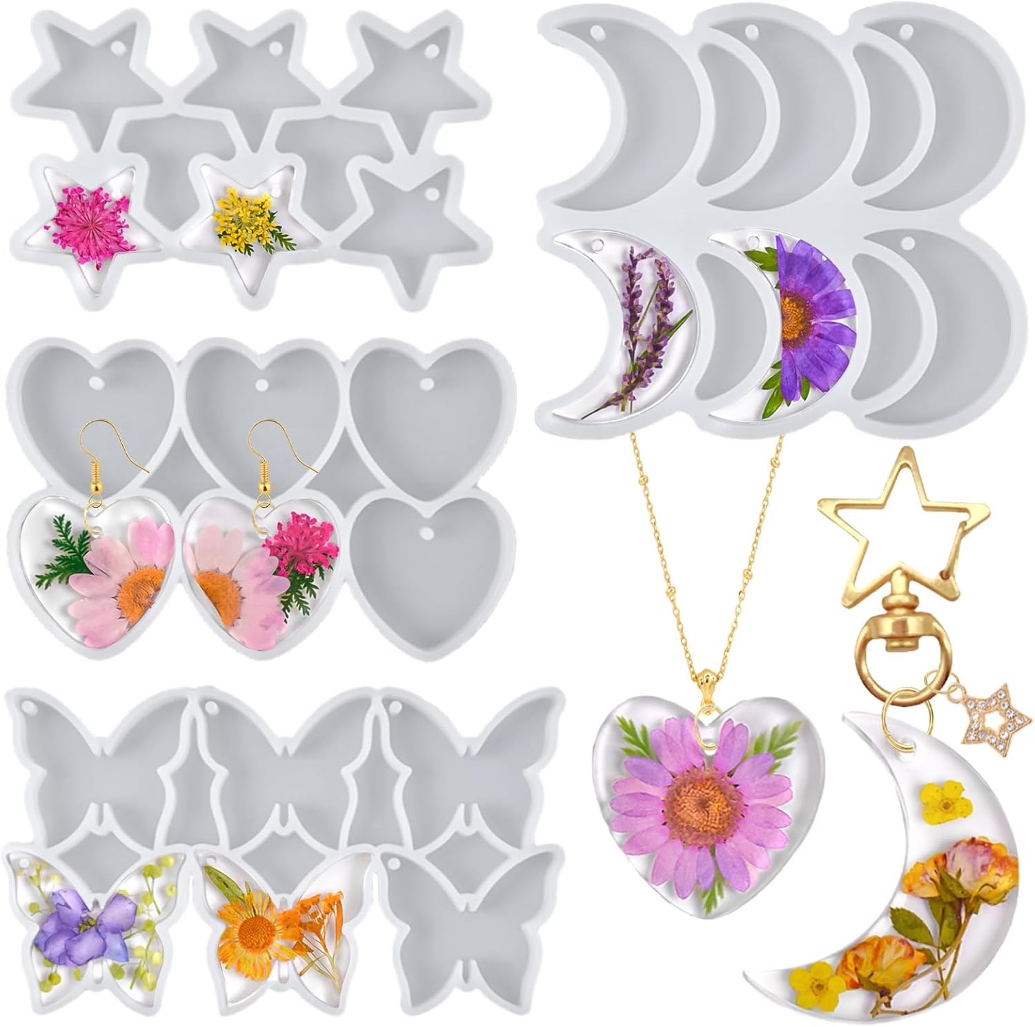 YODOYO 4pcs Resin Jewelry Molds with Holes - Butterfly Star Moon Heart Silicone Kit for UV Epoxy Earrings Keychains Pendants DIY Crafts