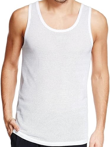 3 Pack Mens Airtex Mesh Vest 100% Cotton Sleeveless Tank Tops Gym Tranining Vest Comfortable Fishnet Swimwear Vest (as8, Alpha, m, Regular, Regular) White
