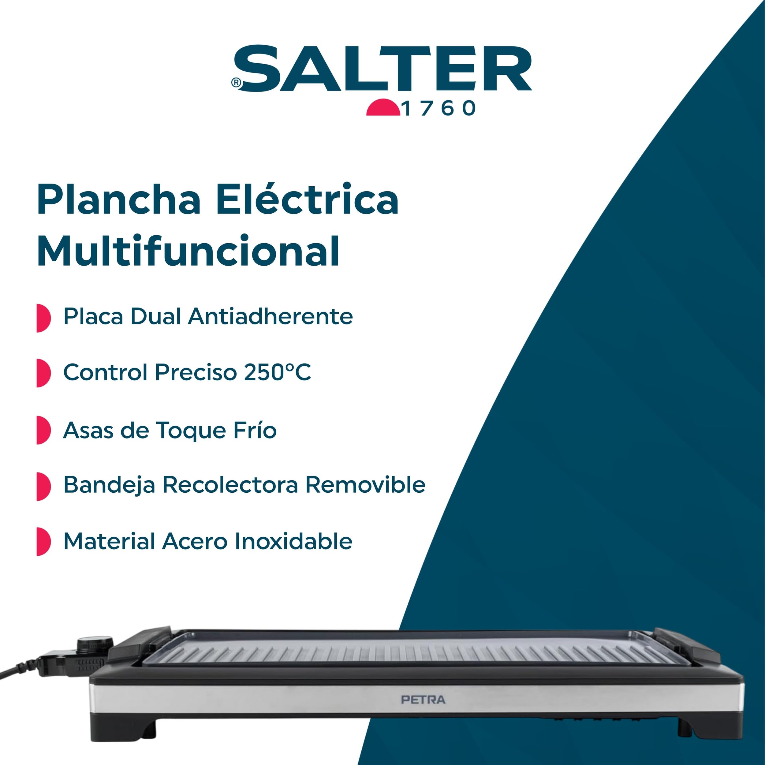 Petra 2 en 1 Parrilla Eléctrica – Placa Dual Antiadherente, Plancha y Parrilla, Bandeja de Goteo Extraíble, Libre de PFAS, Control de Temperatura Desmontable, Máx. 250°C, 2200W, PT6244VDE