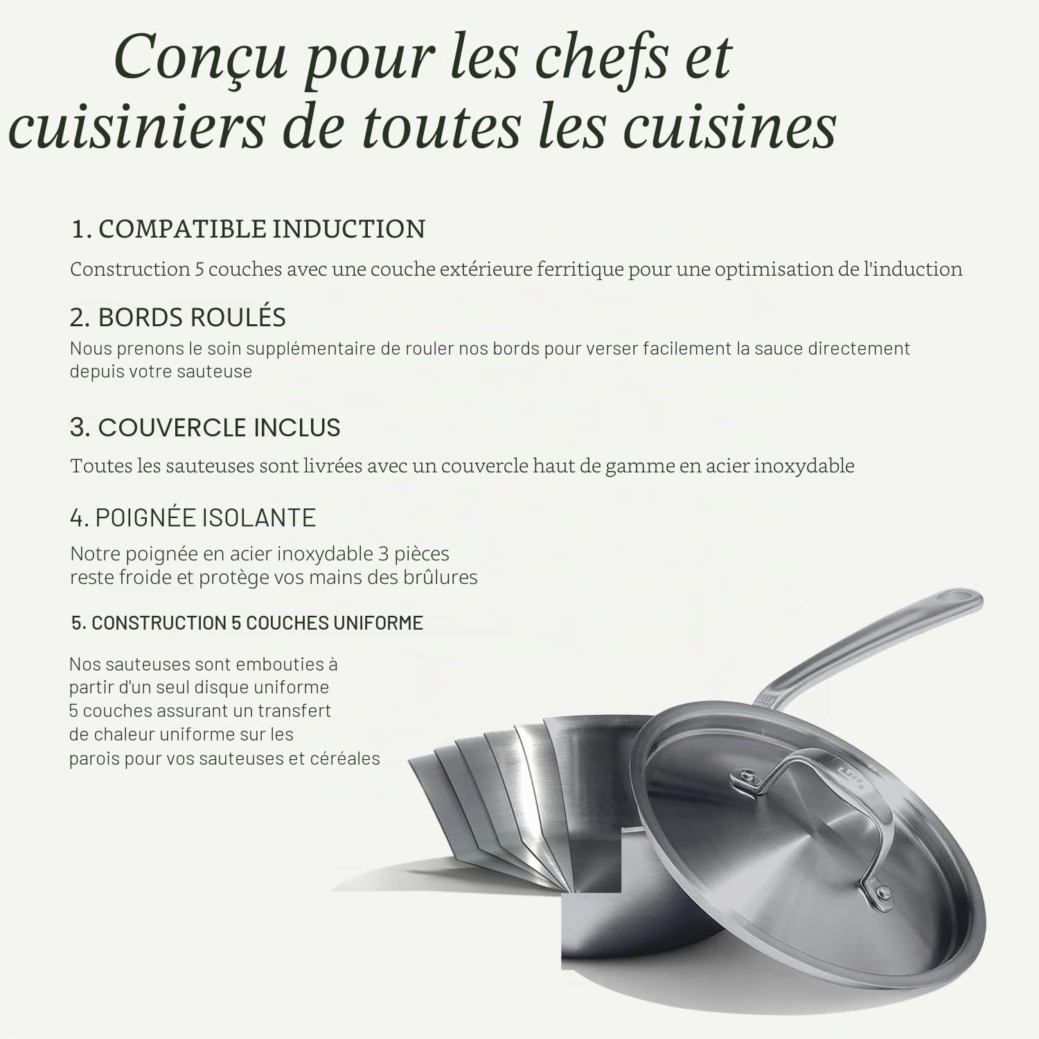 Made In Cookware – 1,89 L Saucier en acier inoxydable – Fabriqué aux États-Unis - Revêtement en acier inoxydable 5 épaisseurs – Batterie de cuisine professionnelle – Compatible induction