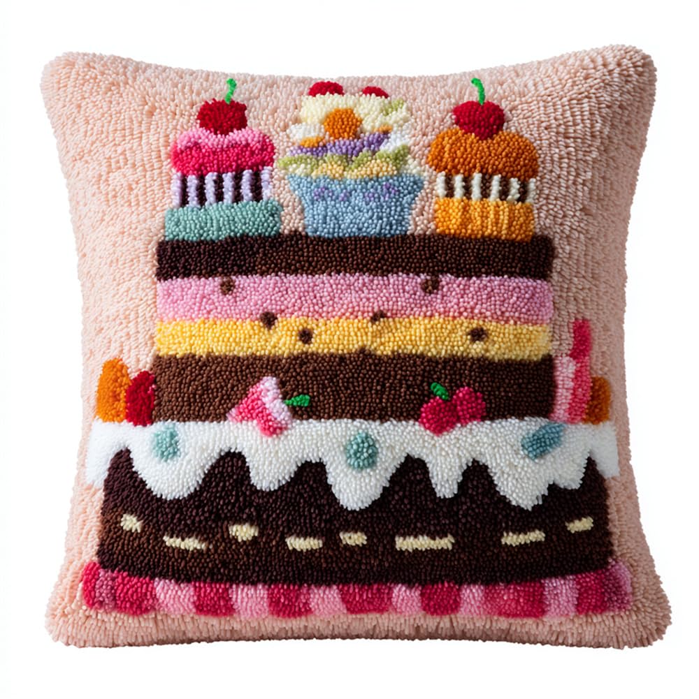Taxpy Latch Hook Pillow Case Kit for Adults - Cake DIY Cushion Cover Cross Stitch Embroidery 17X17Inch/43X43Cm - Home Decor