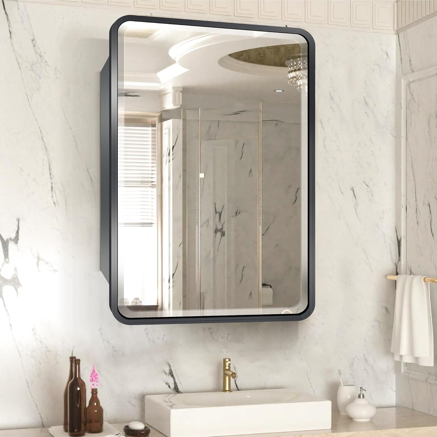 16×26inch Medicine Cabinet,Mirror Cabinet with Beveled Mirror,Solf Close Hinge,Brushed Aluminum Framed,Detachable Side Plate for Recess Mount or Surface Mount,Gold