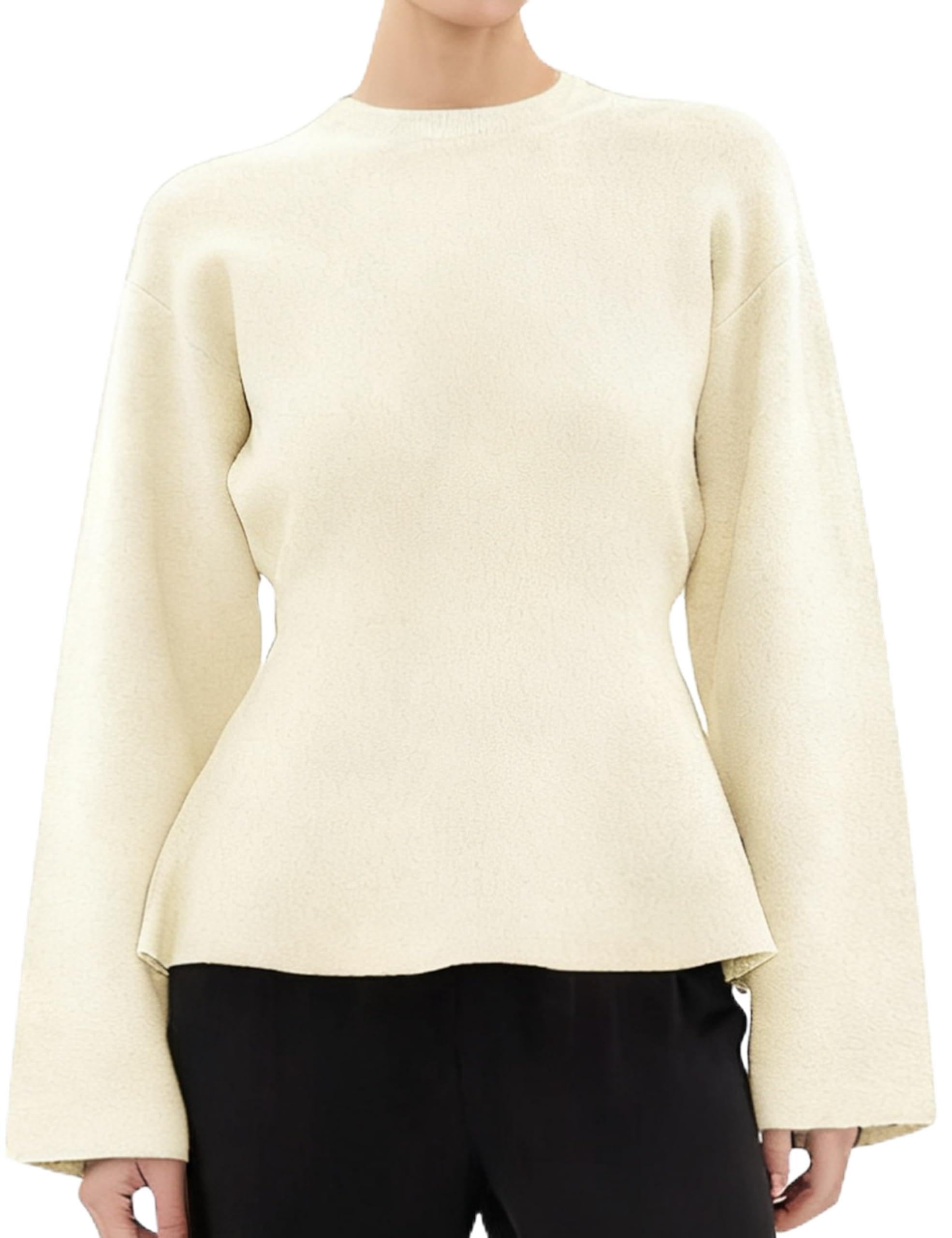Womens Peplum Hem Sweater Long Sleeve Self Tie Belted Loose Crew Neck Knit Pullover Jumper