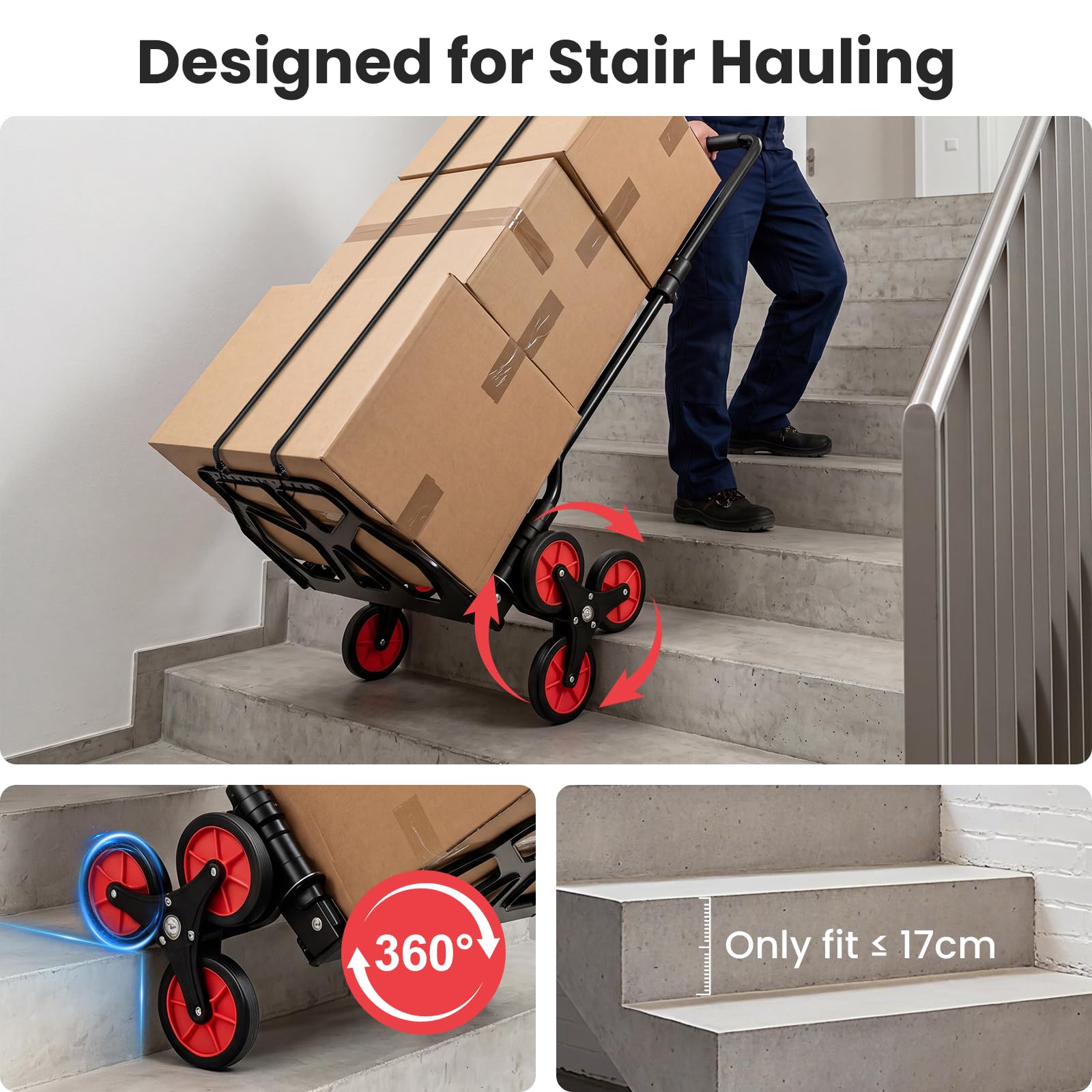 YEAUPE PRO Faltbare Treppensackkarre Höhenverstellbar 50 kg Schwarz | TPR-Rollen, 2 elastische Spanngurte und verstellbarer Griff für Treppen, Umzug, Garten und Transport von Gegenständen